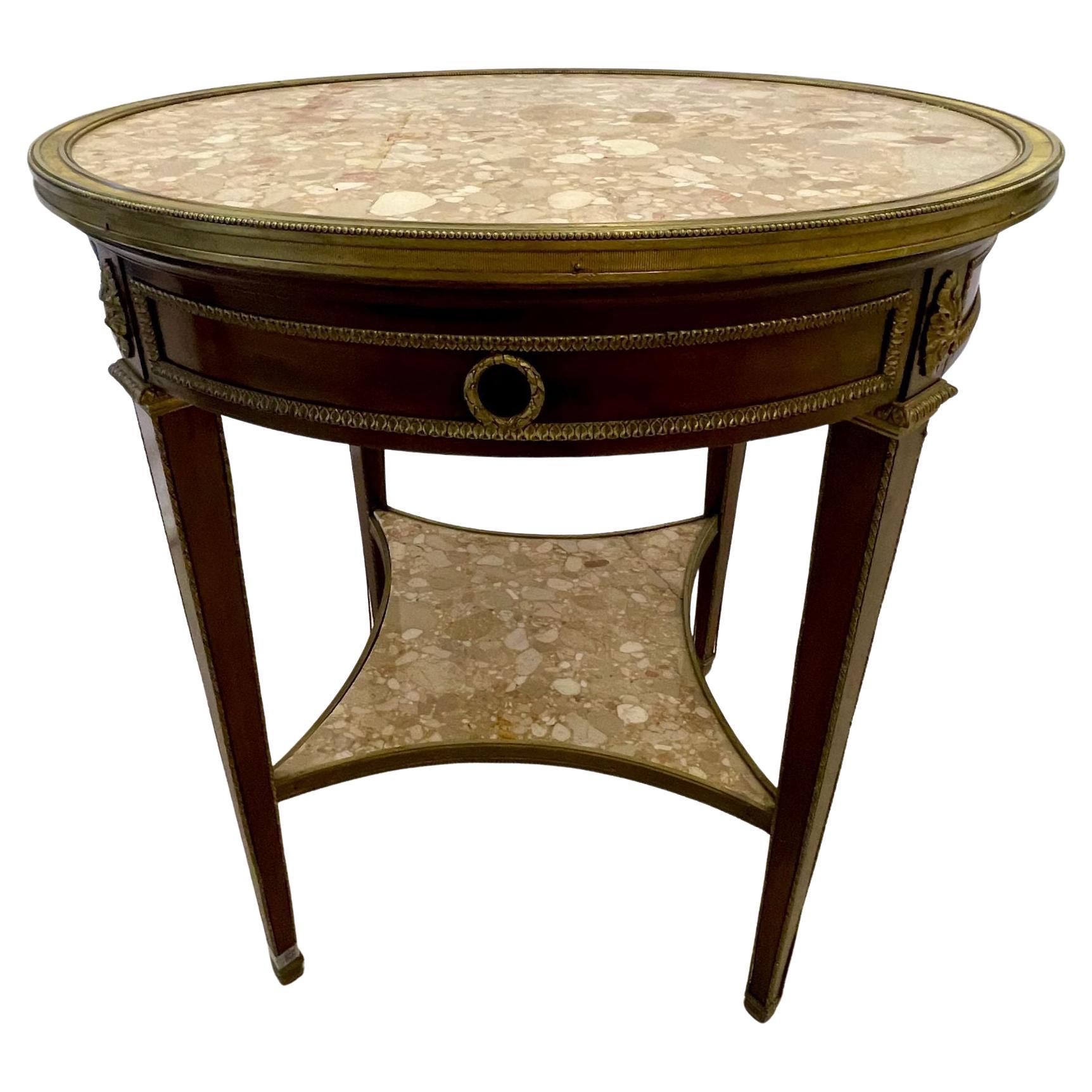 French Mahogany Louis XVI Style Marble Top Bouillotte Table, Bronze Mounted For Sale