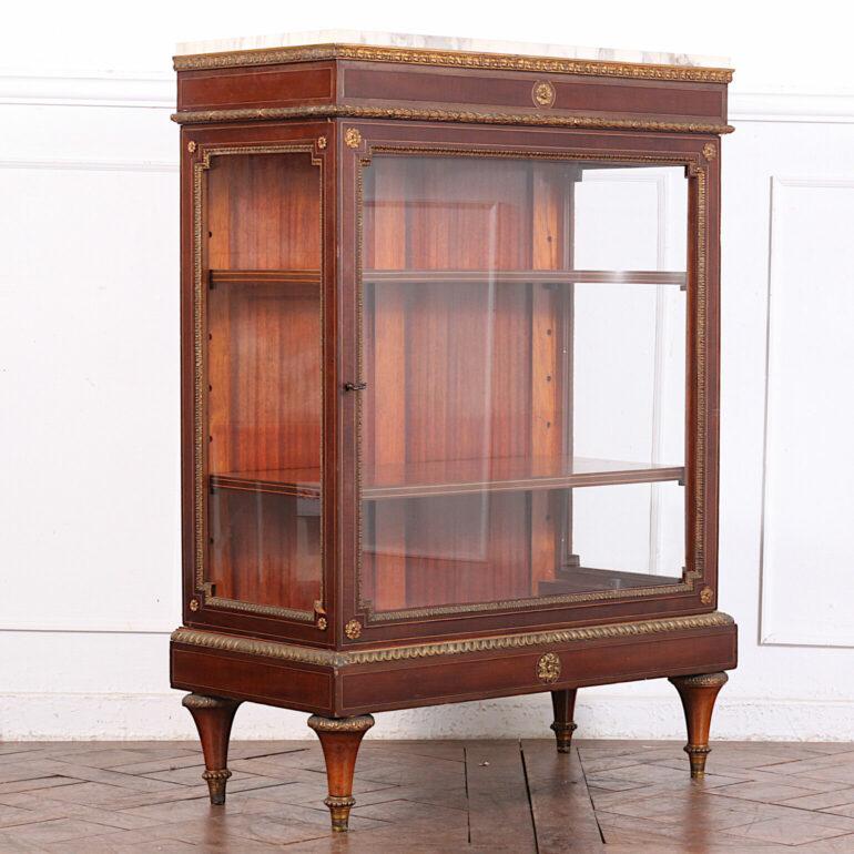 19th Century French Mahogany Louis XVI Style Marble Top Vitrine For Sale