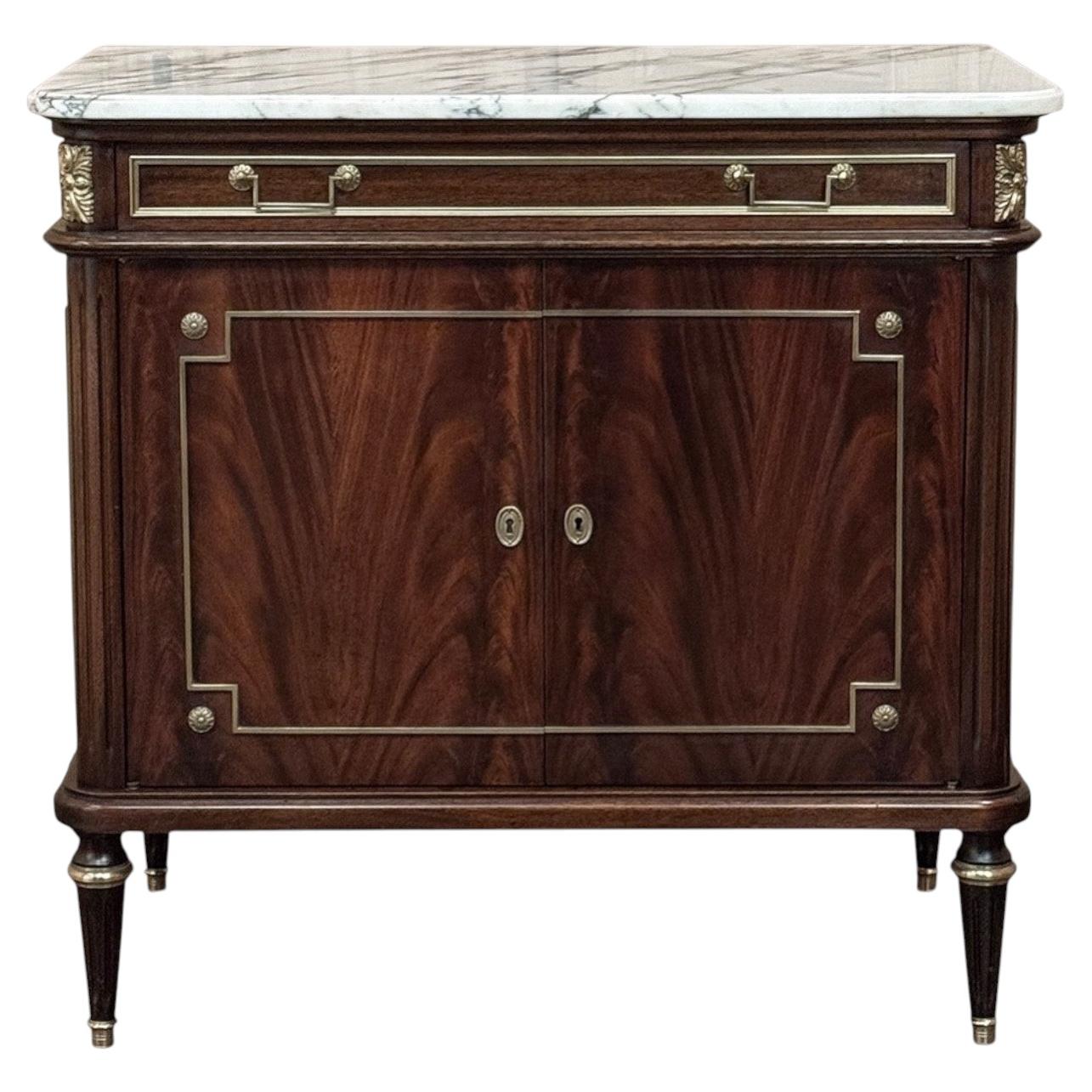 French Mahogany Louis XVI Style Two-Door Buffet with Carrara Marble Top