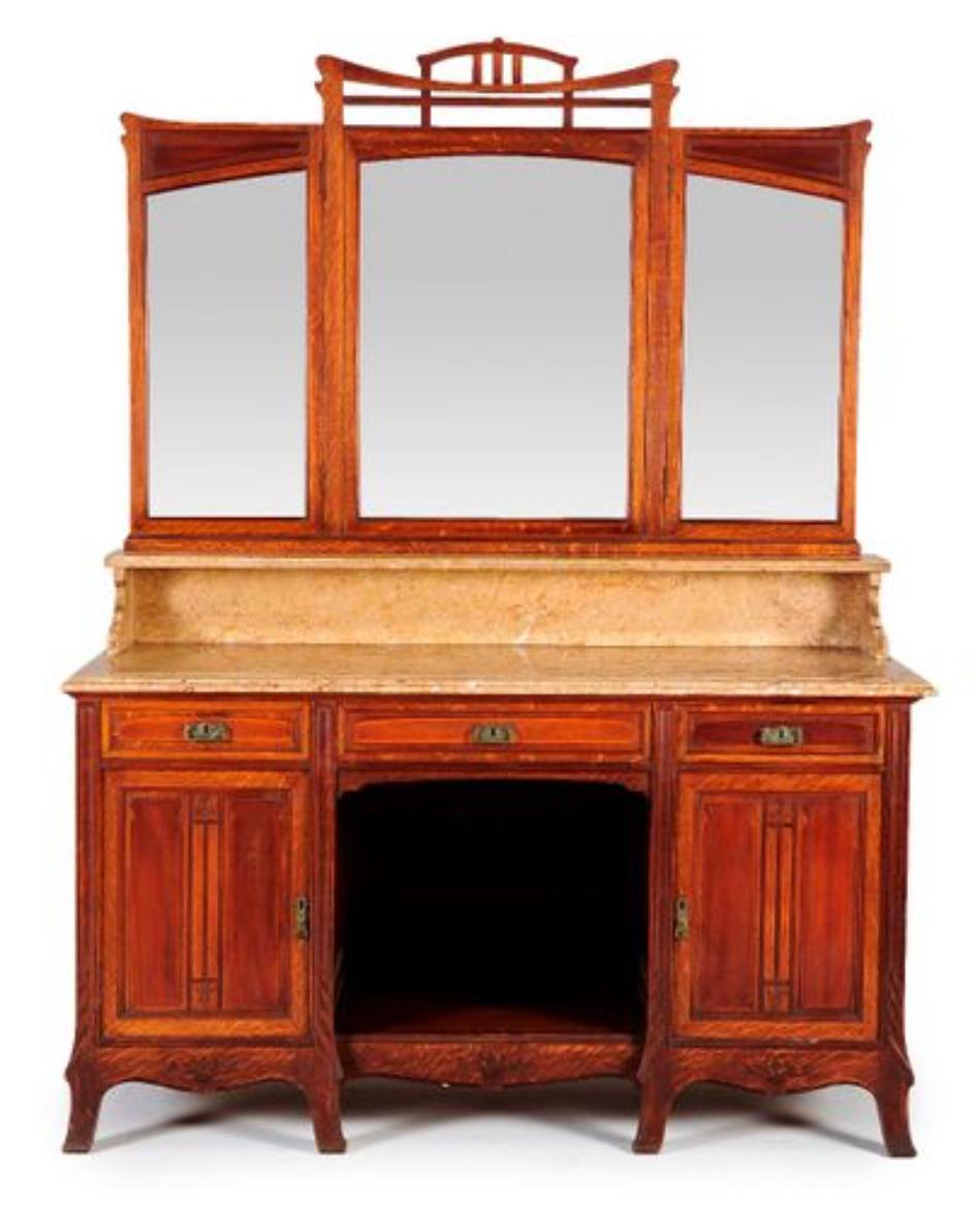 Large mahogany Art Deco buffet Maison Koenig Liège made in 1895. There is light beige marble top, three drawers and two front doors with original key. There is upper part with three folded mirror with original glass.
Could be used as a buffet or as