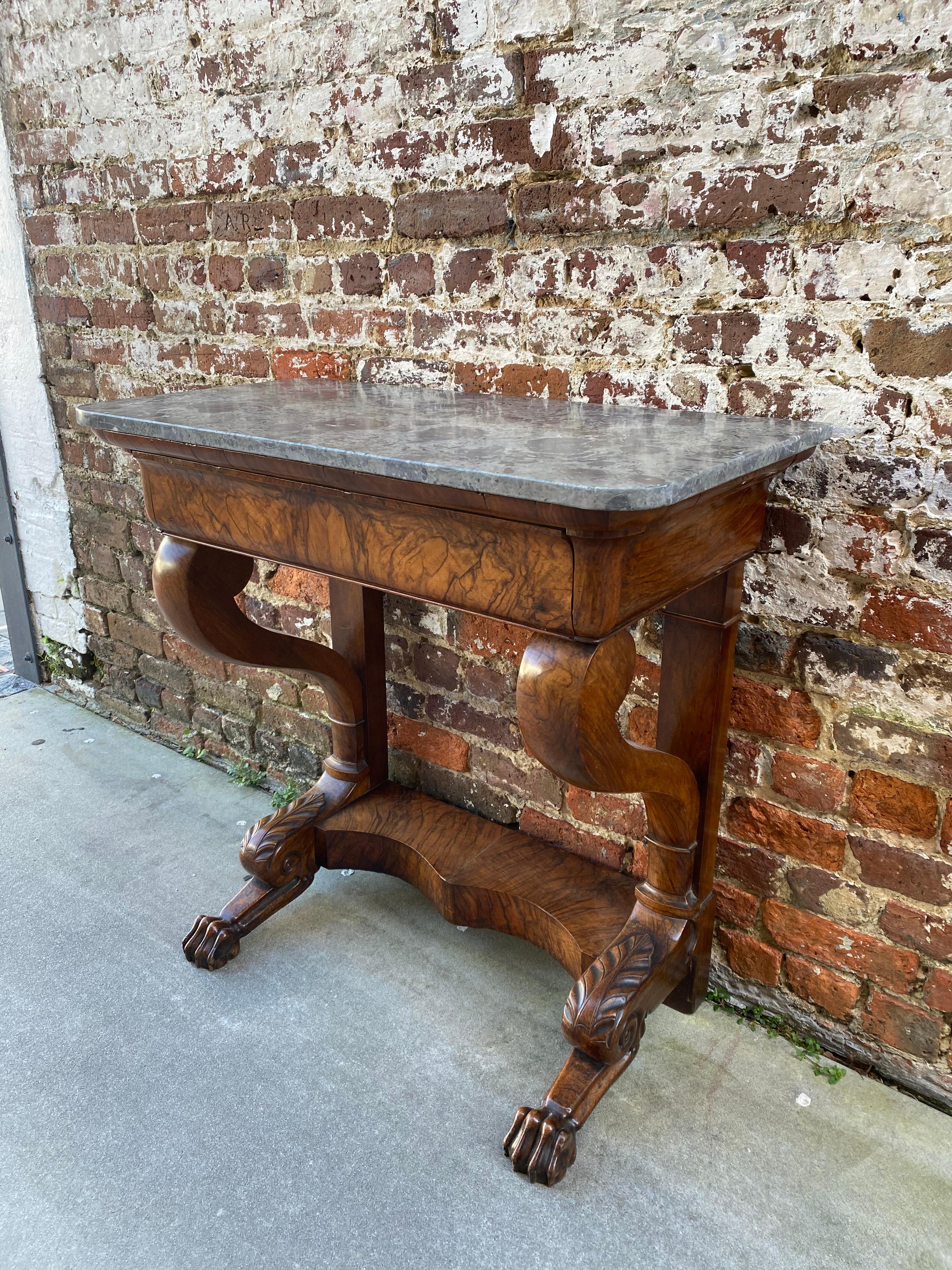 French Mahogany Marble Top Console Table with Paw Feet Mid 19th Century 1