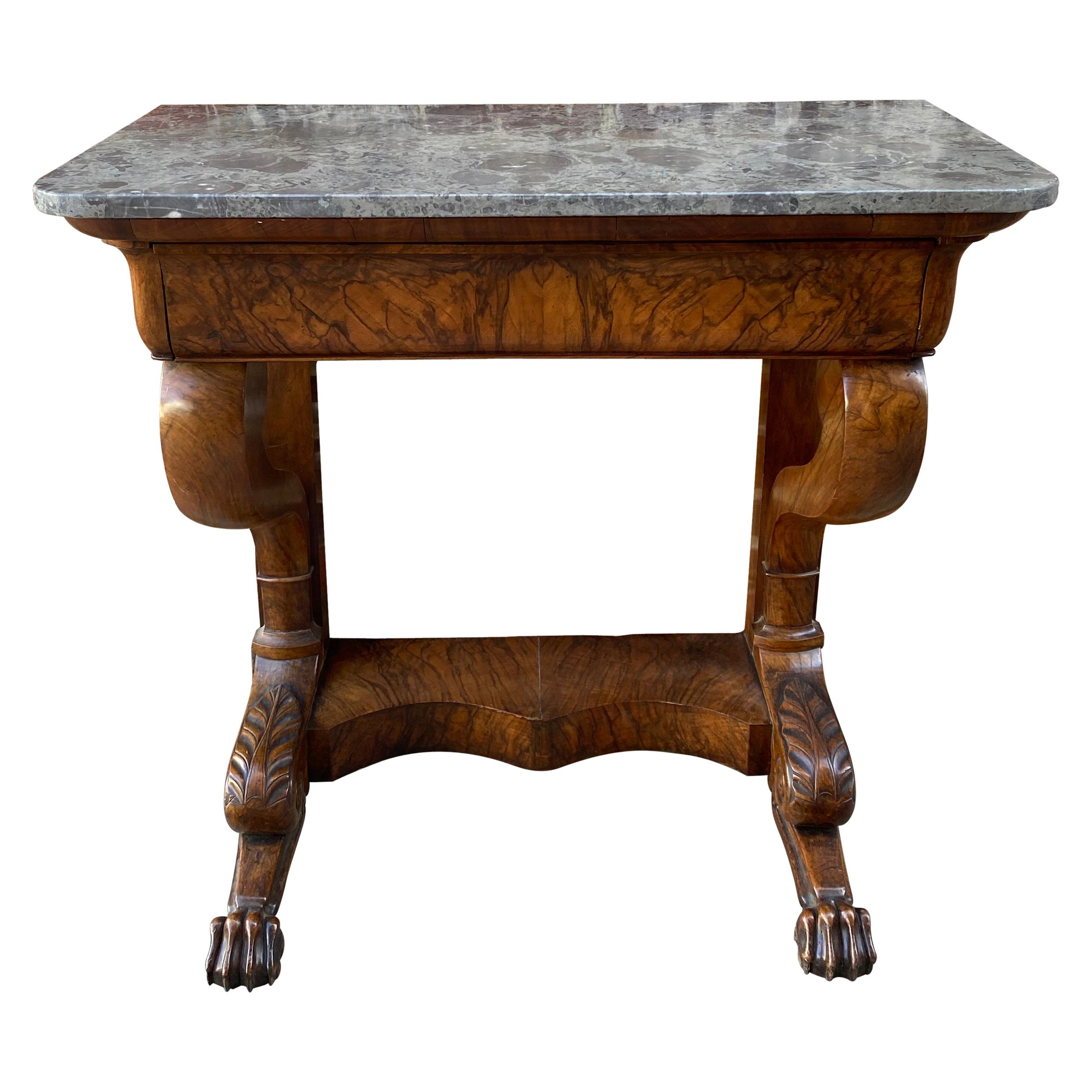 French Mahogany Marble Top Console Table with Paw Feet Mid 19th Century