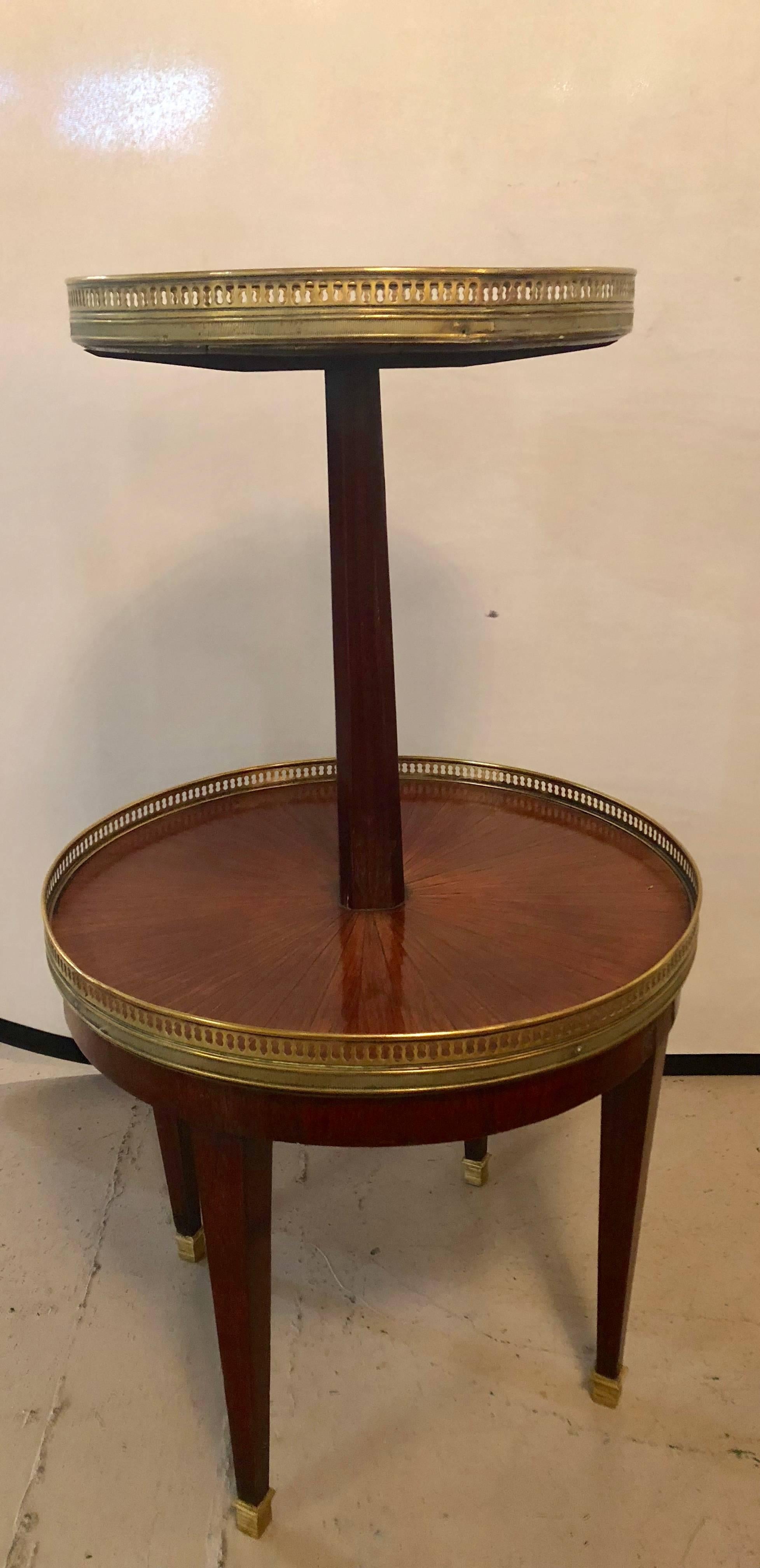 Louis XVI French Mahogany Marble-Top Dumbwaiter / Two-Tier Side Table with Brass Gallery