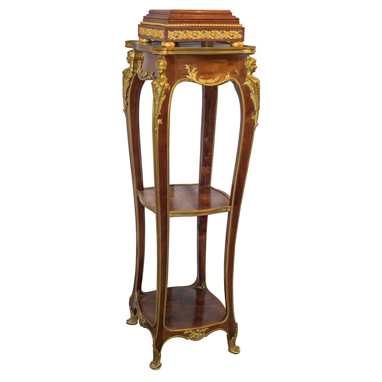 French Mahogany Marble-Top Pedestal with Ormolu Mounts