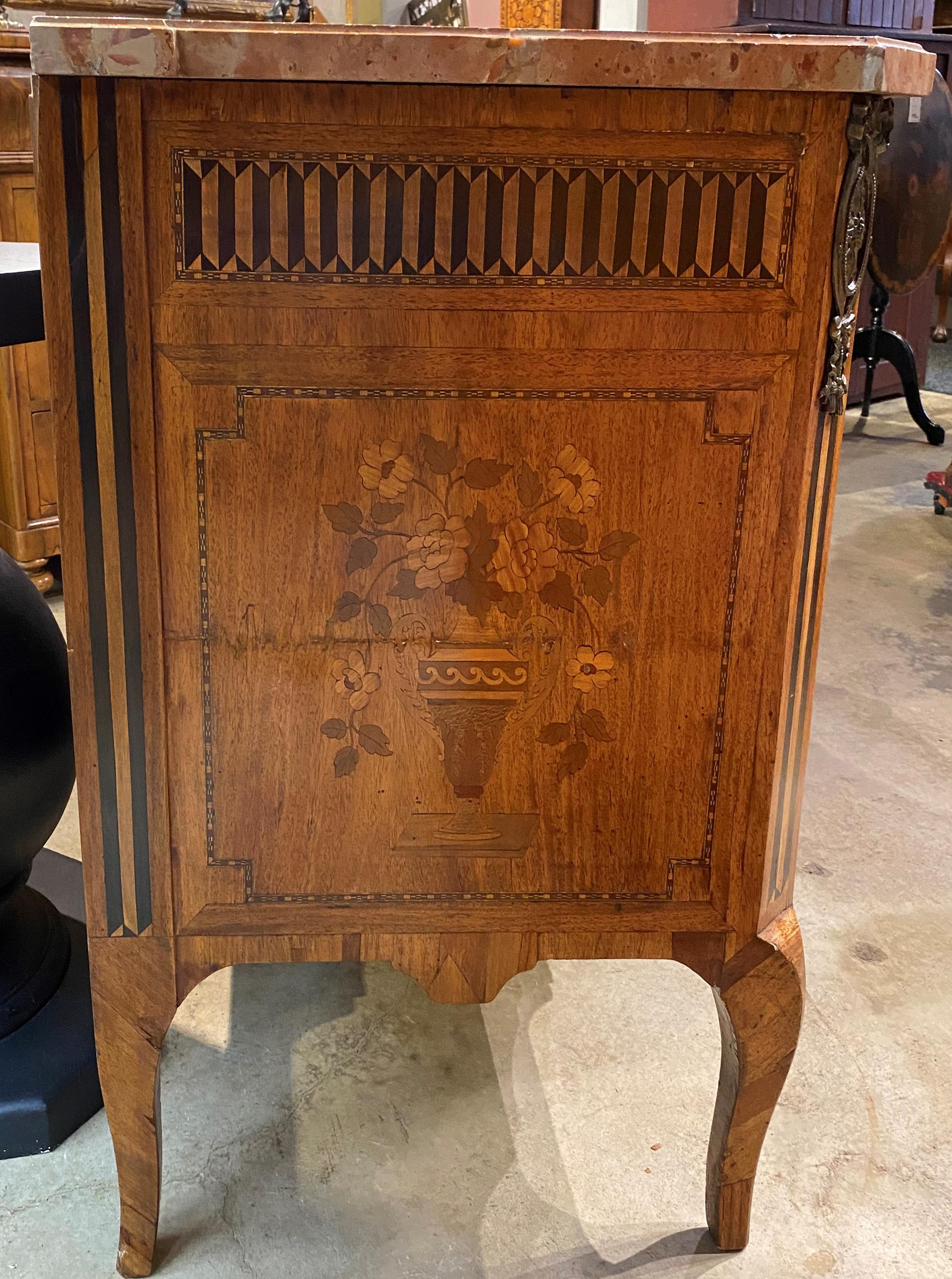Hand-Carved French Mahogany Marquetry Commode with Marble Top For Sale