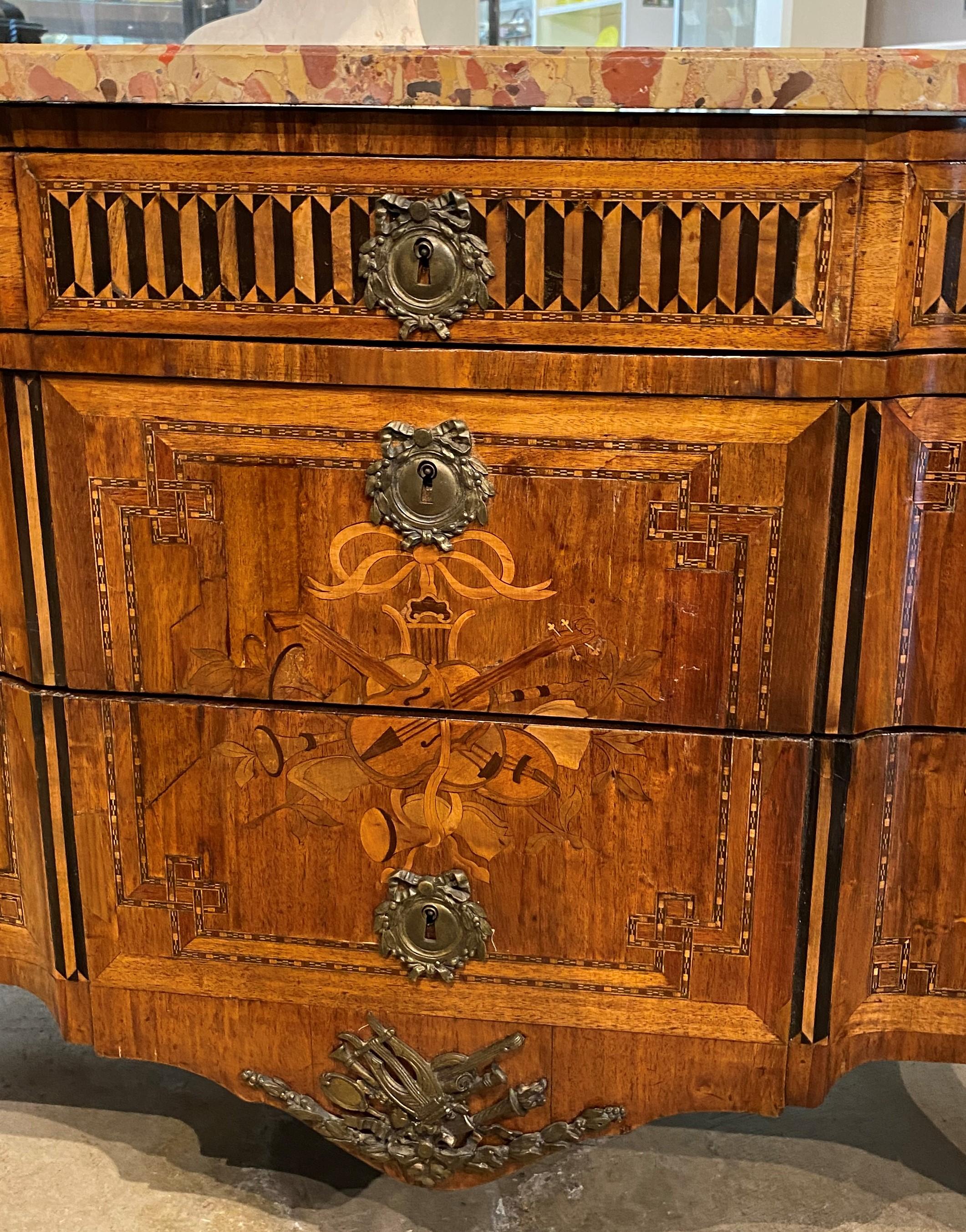 French Mahogany Marquetry Commode with Marble Top For Sale 2