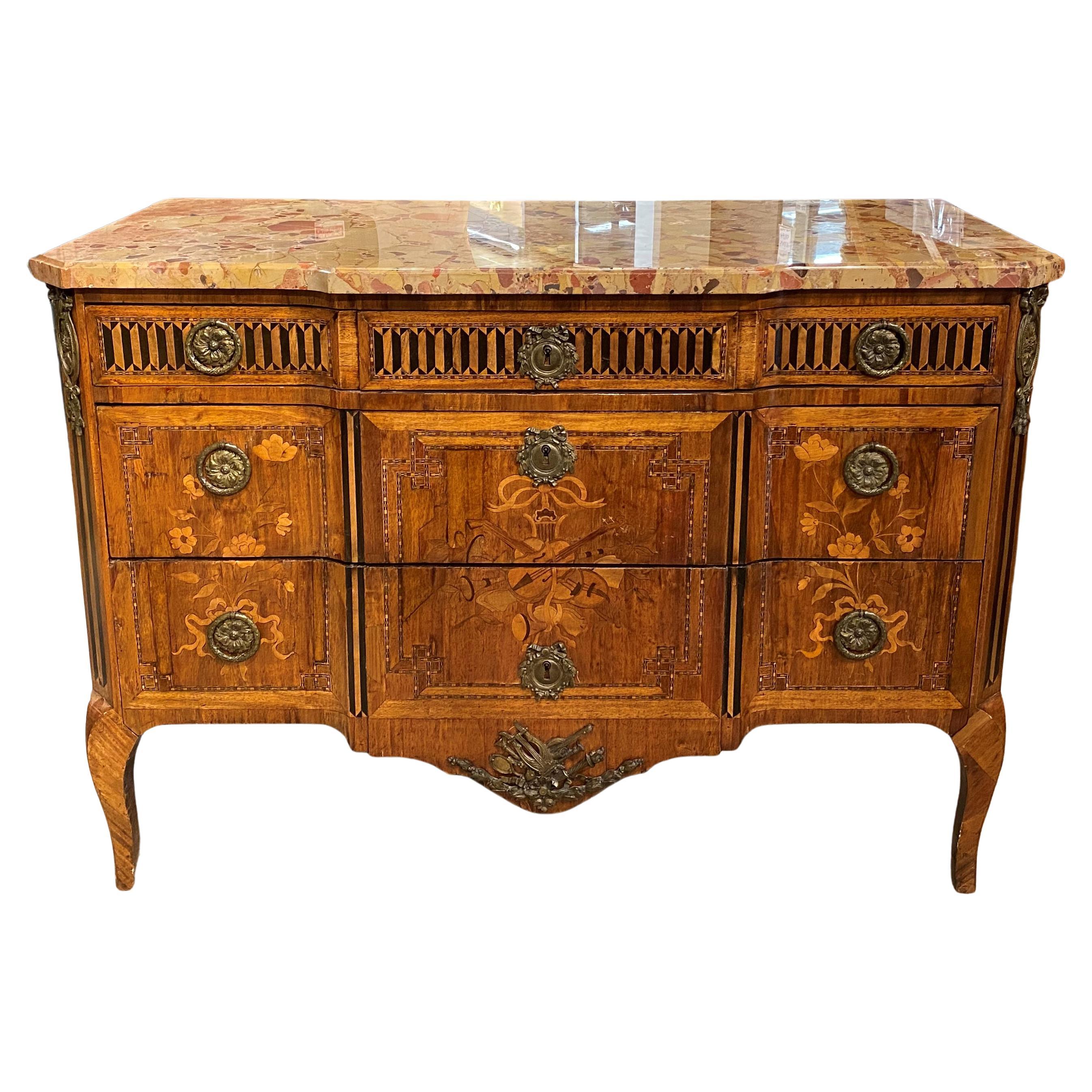 French Mahogany Marquetry Commode with Marble Top