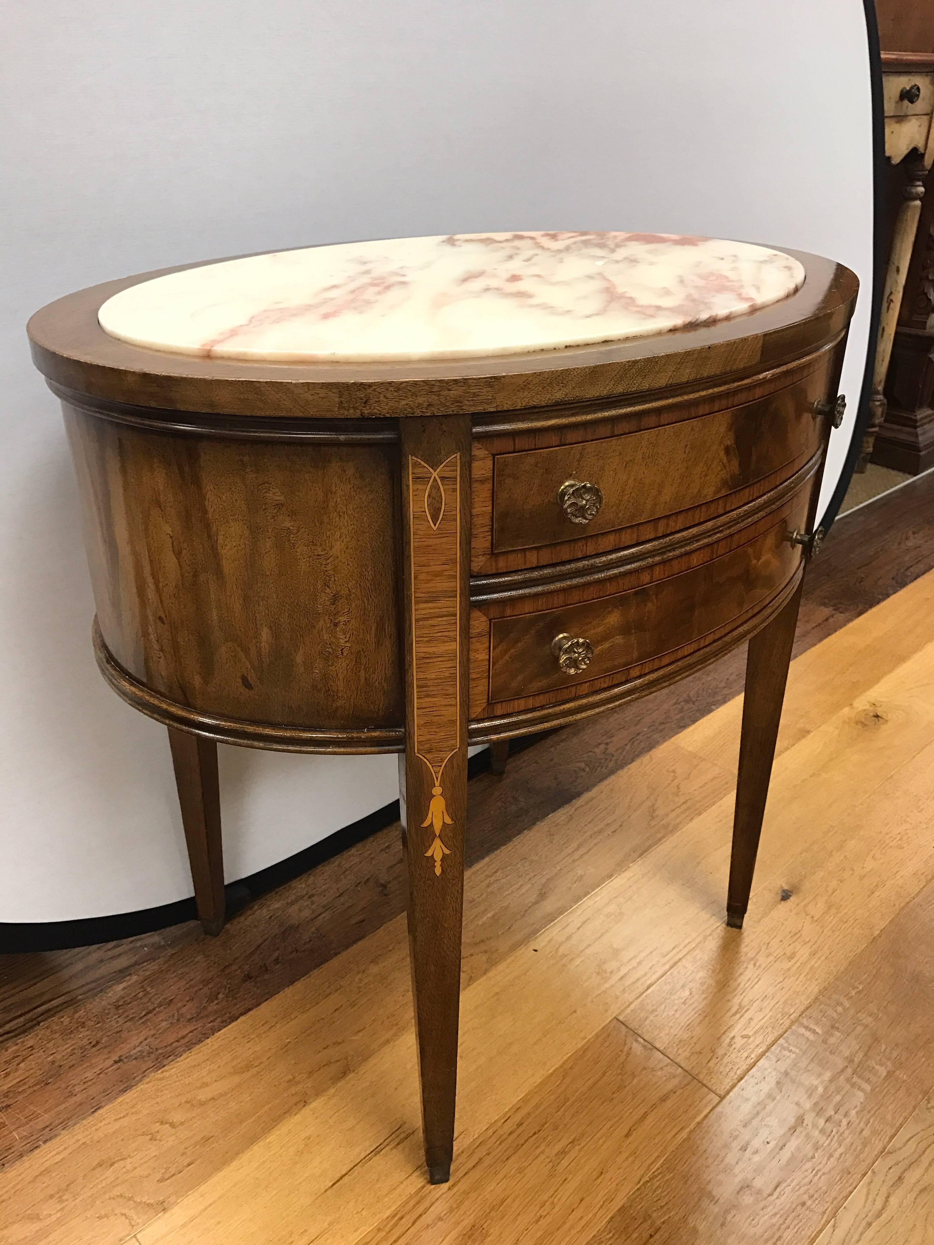 20th Century French Mahogany Oval Marble-Top Nightstands End Tables