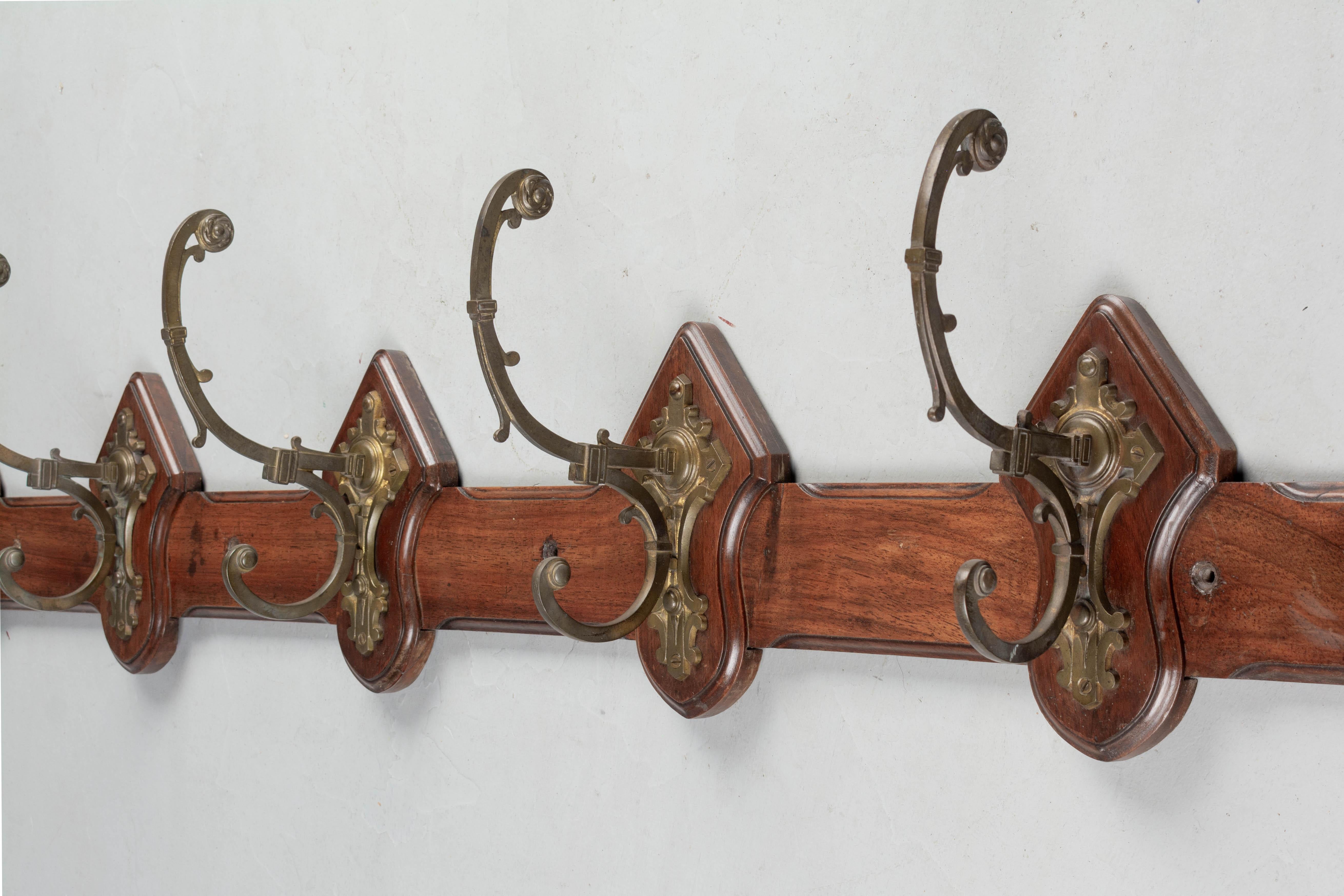 Brass French Mahogany Porte Manteau or Coat Rack For Sale