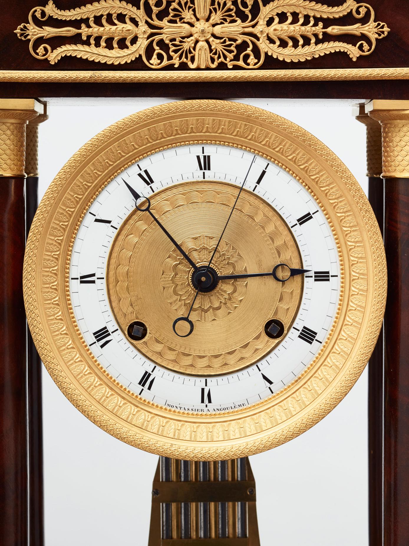 Empire French mahogany regulator 'portico' mantel clock by Montassier  For Sale