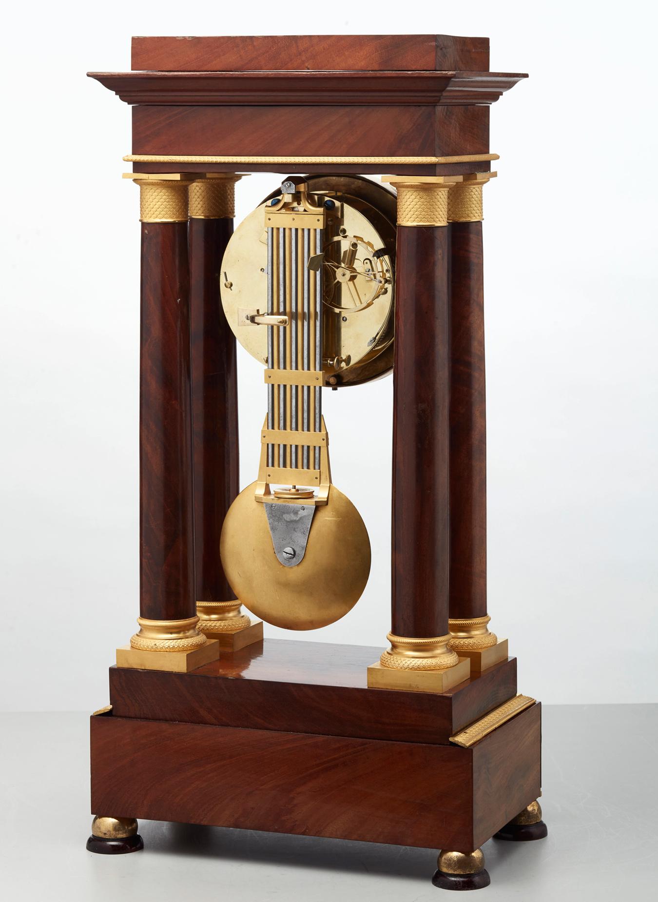 Gilt French mahogany regulator 'portico' mantel clock by Montassier  For Sale