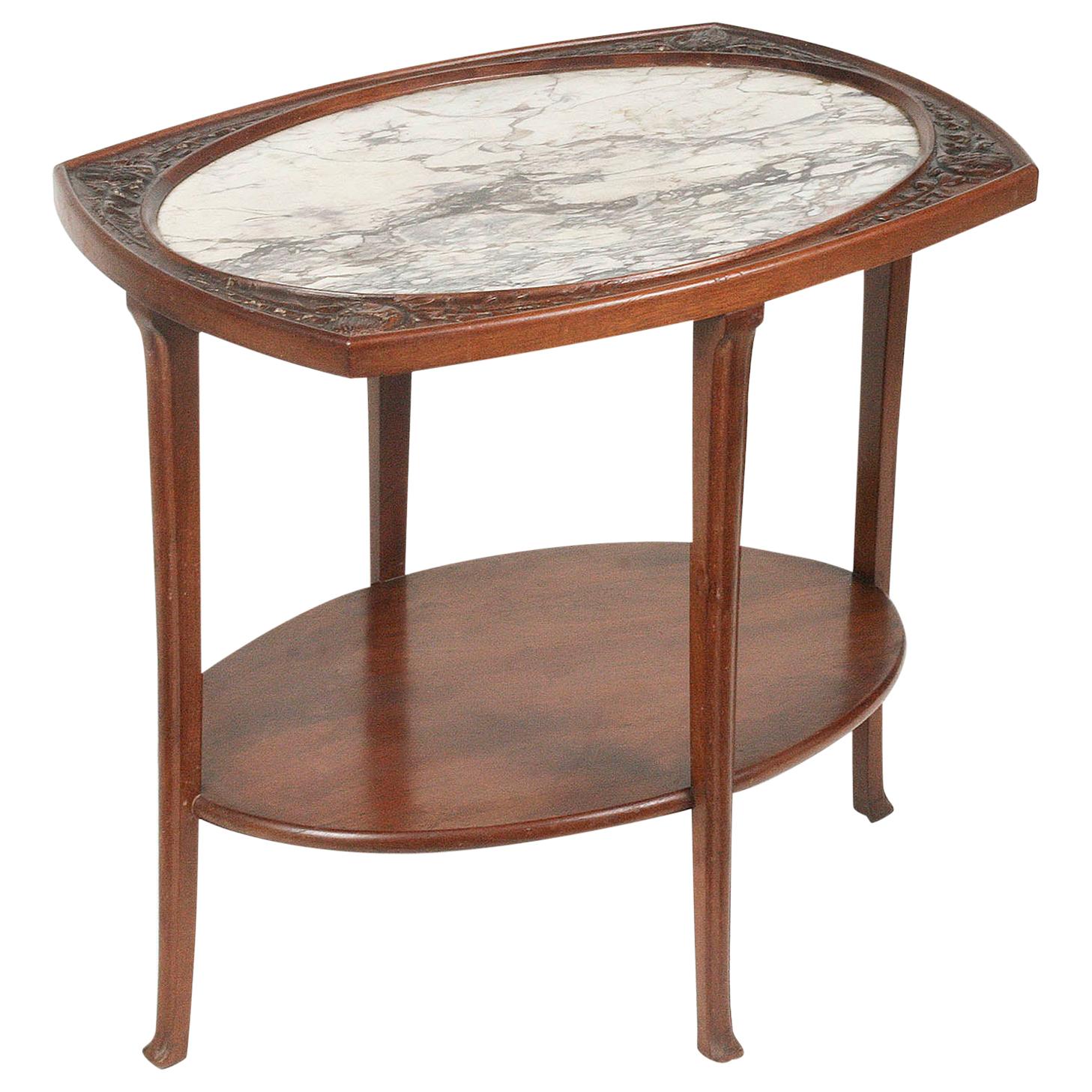 Table d'appoint Art Nouveau en acajou français avec plateau en marbre violet de Brescia en vente