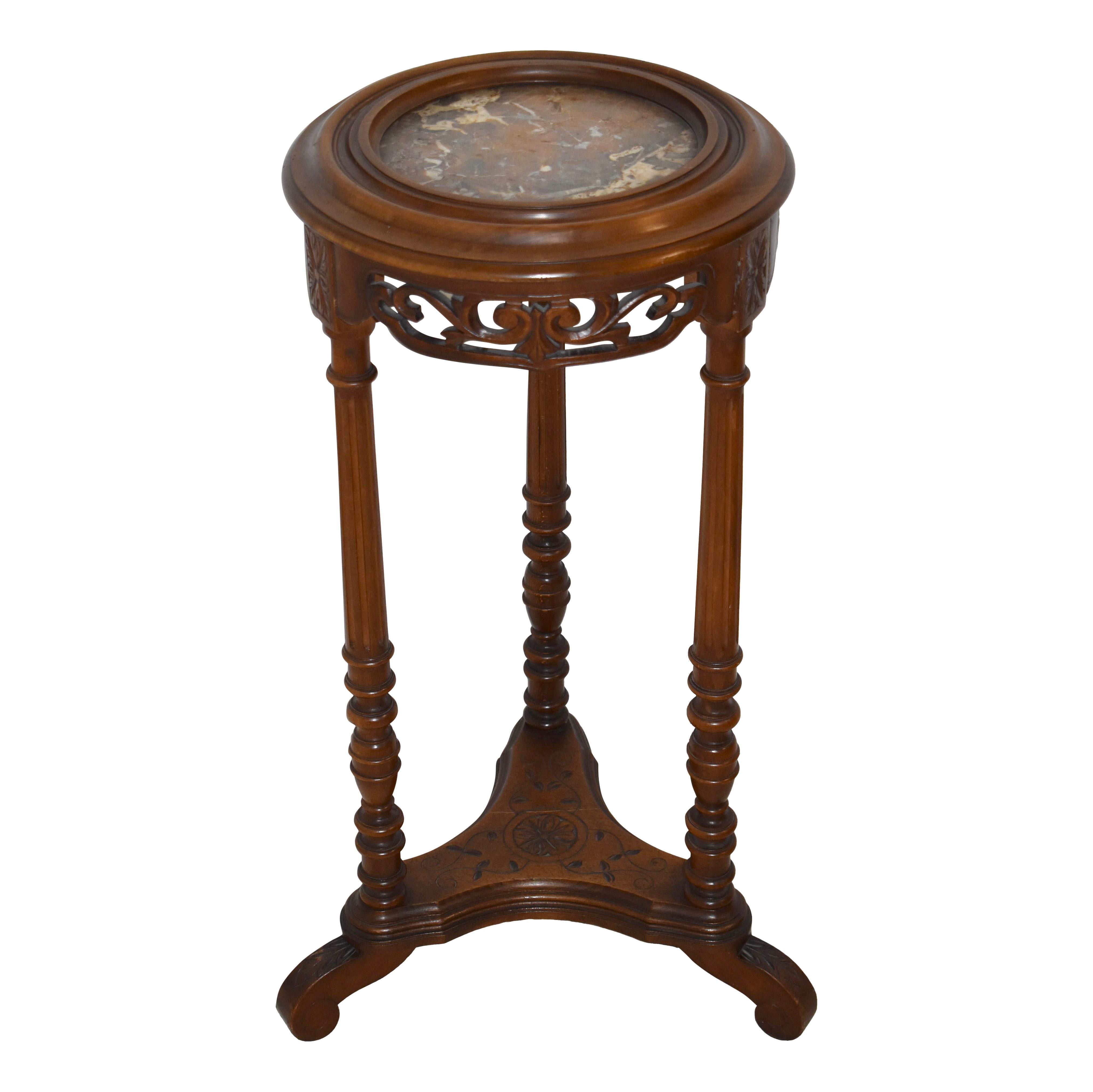 Carved French Mahogany Side Tables/Candle Stands with Marble Tops, Set of 2, circa 1900 For Sale