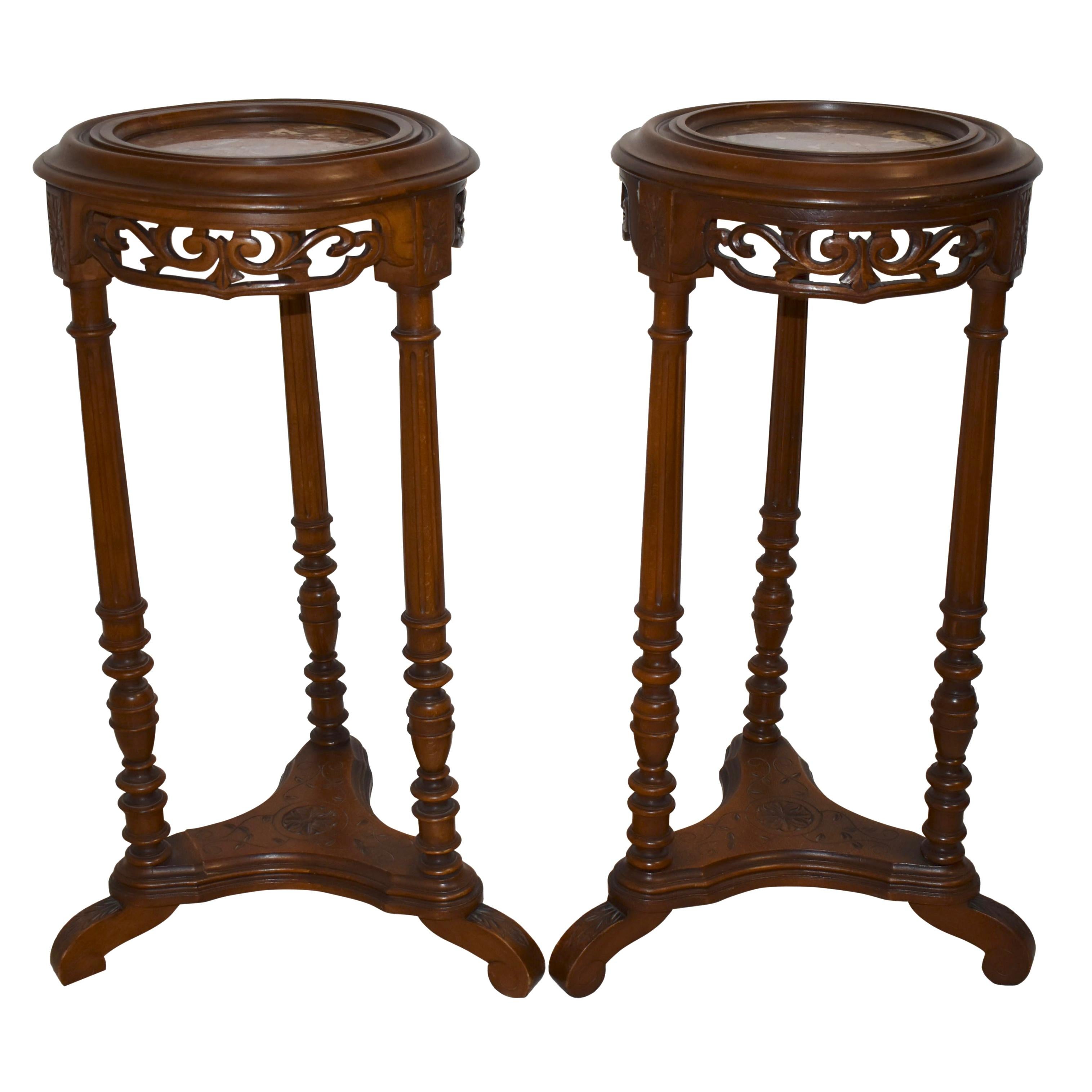 French Mahogany Side Tables/Candle Stands with Marble Tops, Set of 2, circa 1900 For Sale 2
