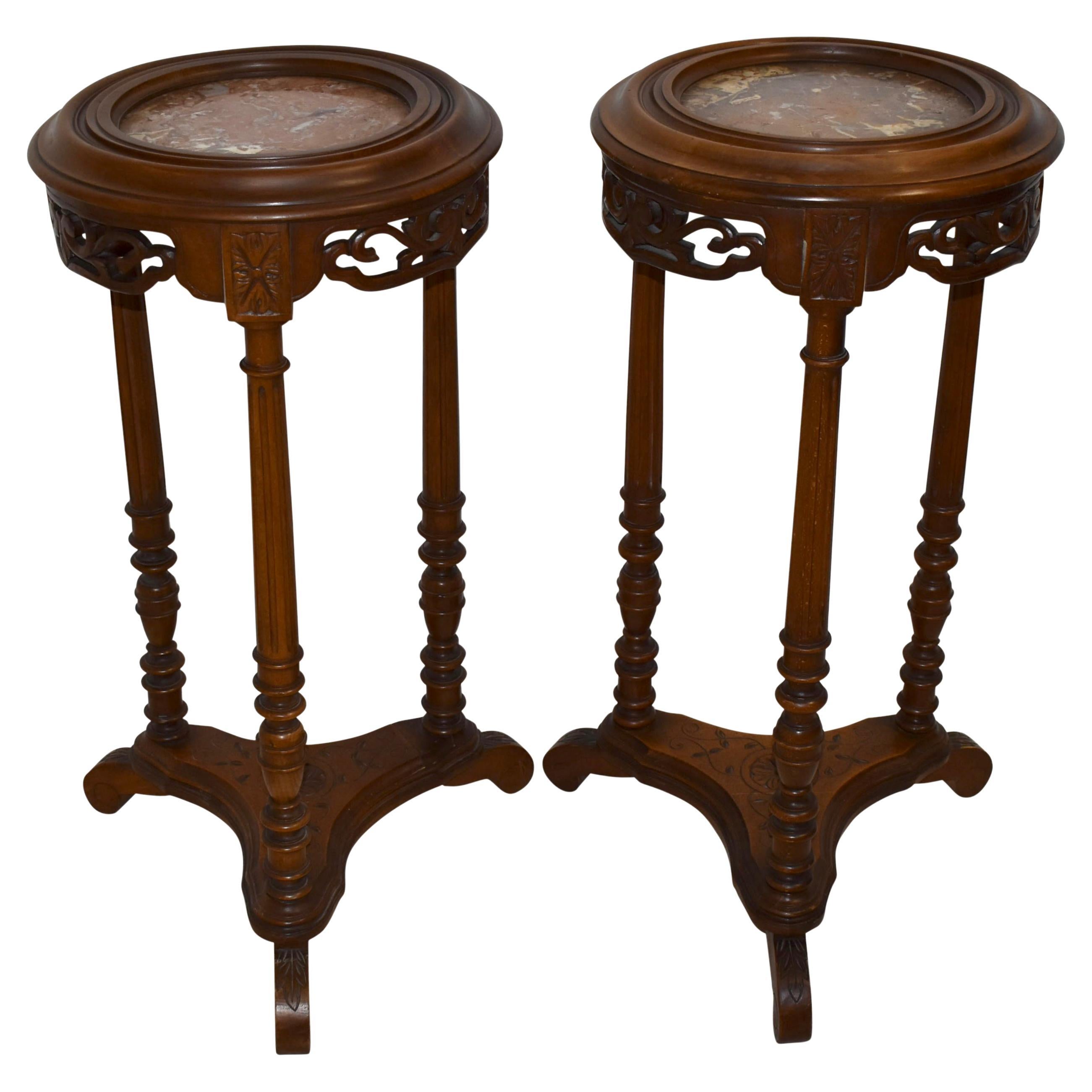 French Mahogany Side Tables/Candle Stands with Marble Tops, Set of 2, circa 1900 For Sale