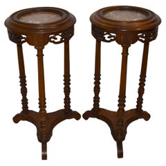 French Mahogany Side Tables/Candle Stands with Marble Tops, Set of 2, circa 1900