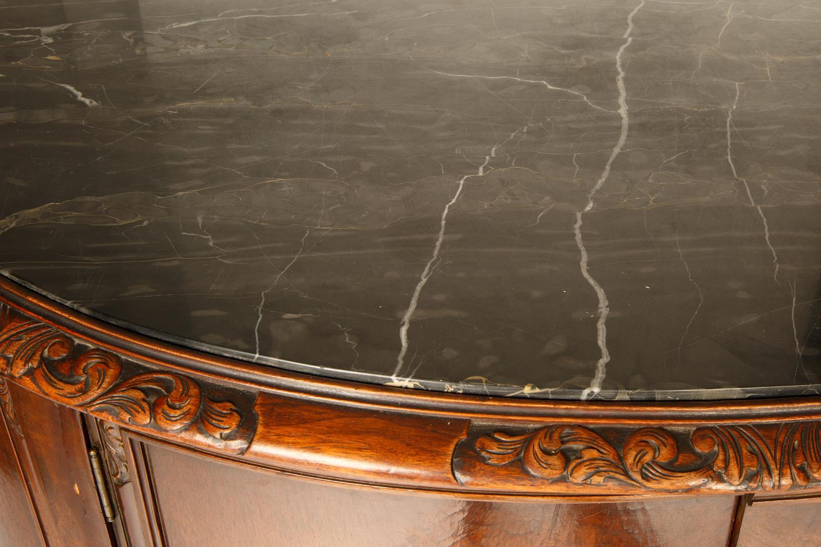 Louis XV French Mahogany Wood Demilune Shape Marble Inserted Top Sideboard / Server For Sale