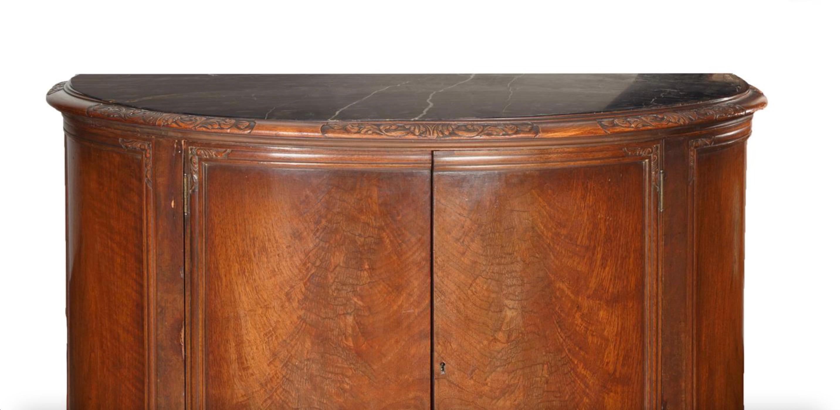 19th Century French Mahogany Wood Demilune Shape Marble Inserted Top Sideboard / Server For Sale