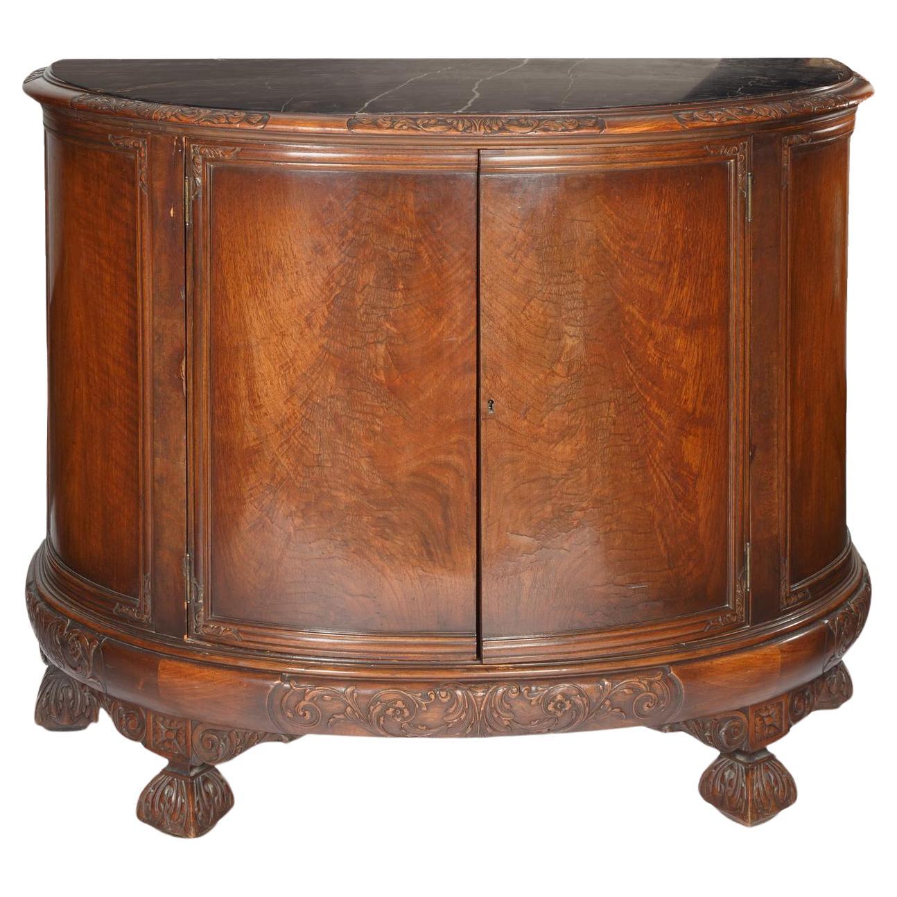 French Mahogany Wood Demilune Shape Marble Inserted Top Sideboard / Server