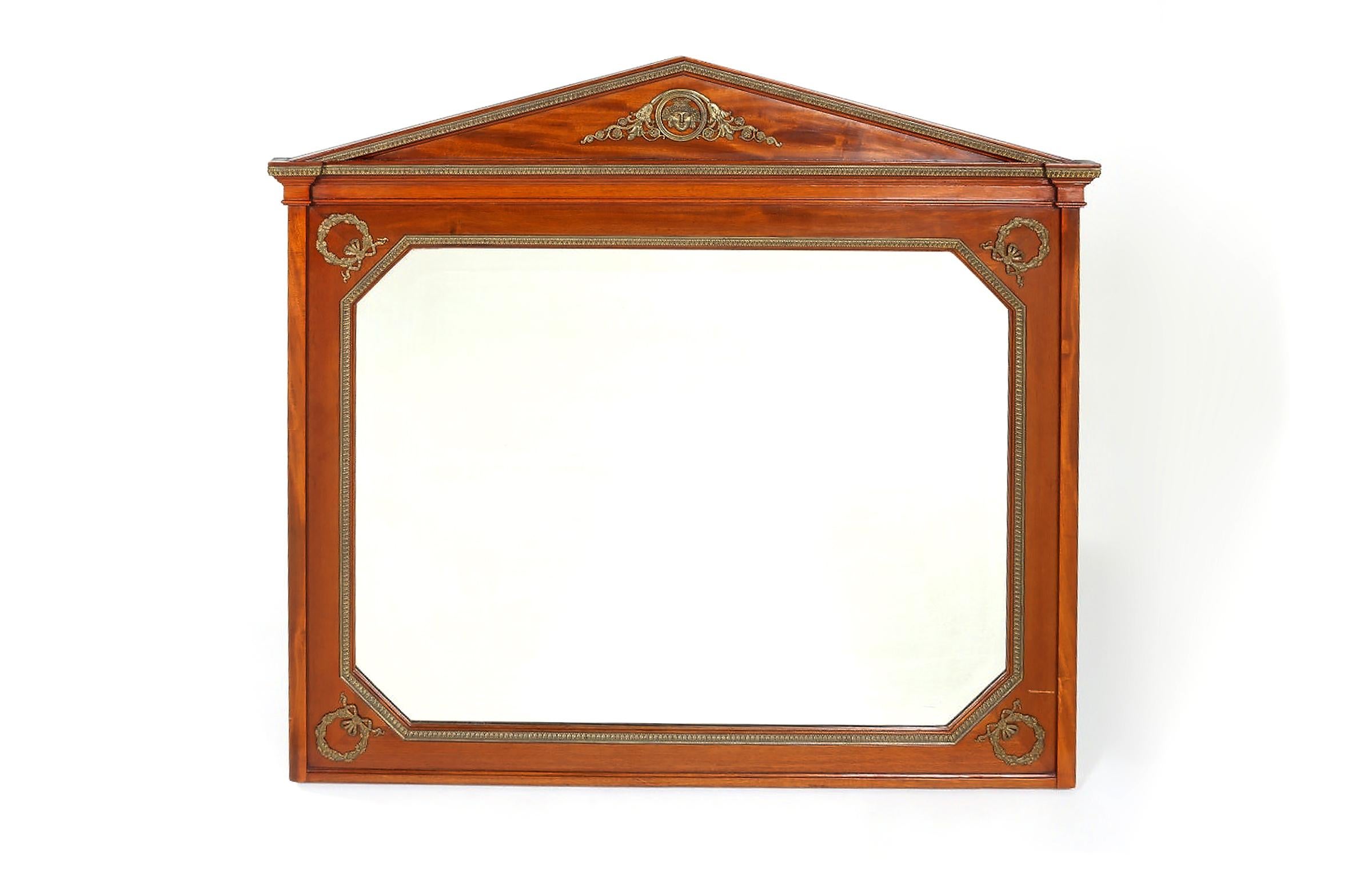 Brass French Mahogany Wood Framed Beveled Wall Mirror 