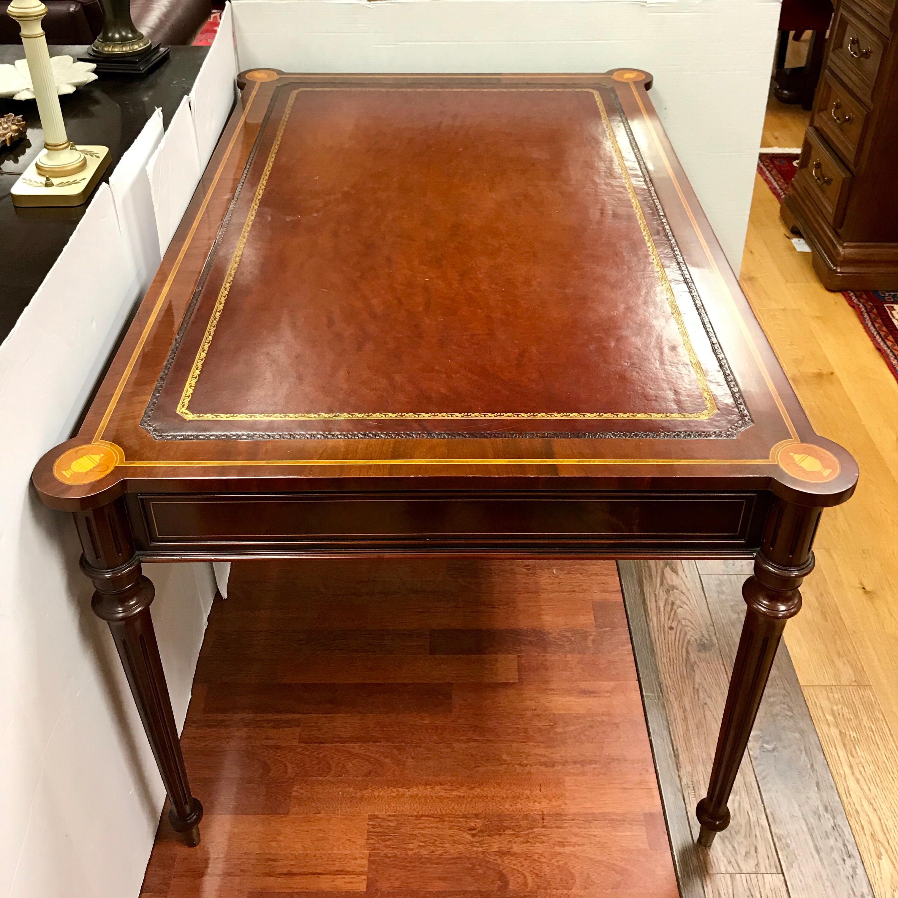 Late 20th Century French Mahogany Writing Desk Writing Table with Leather Top Bureau Plat