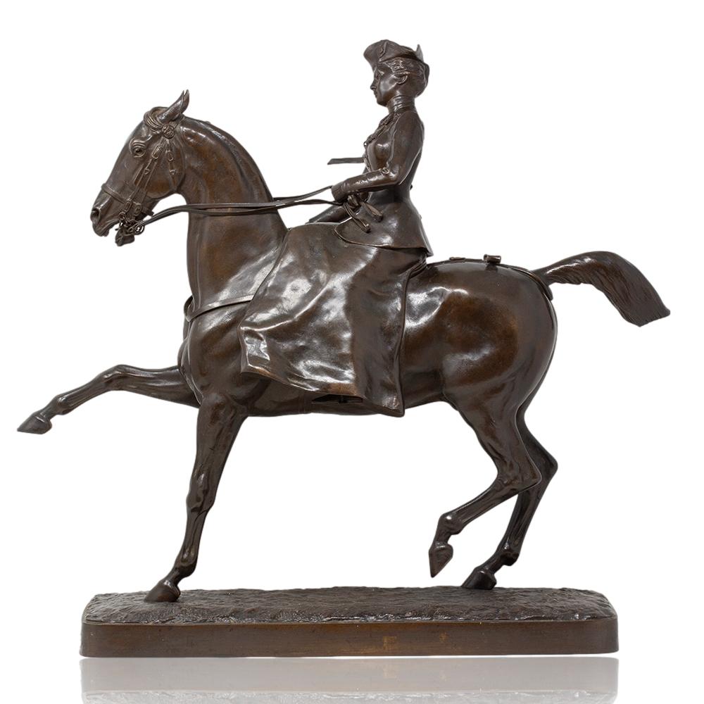 Victorian French Maiden Upon Horseback Bronze Henri-Geoffroy de la Planche de Ruillé