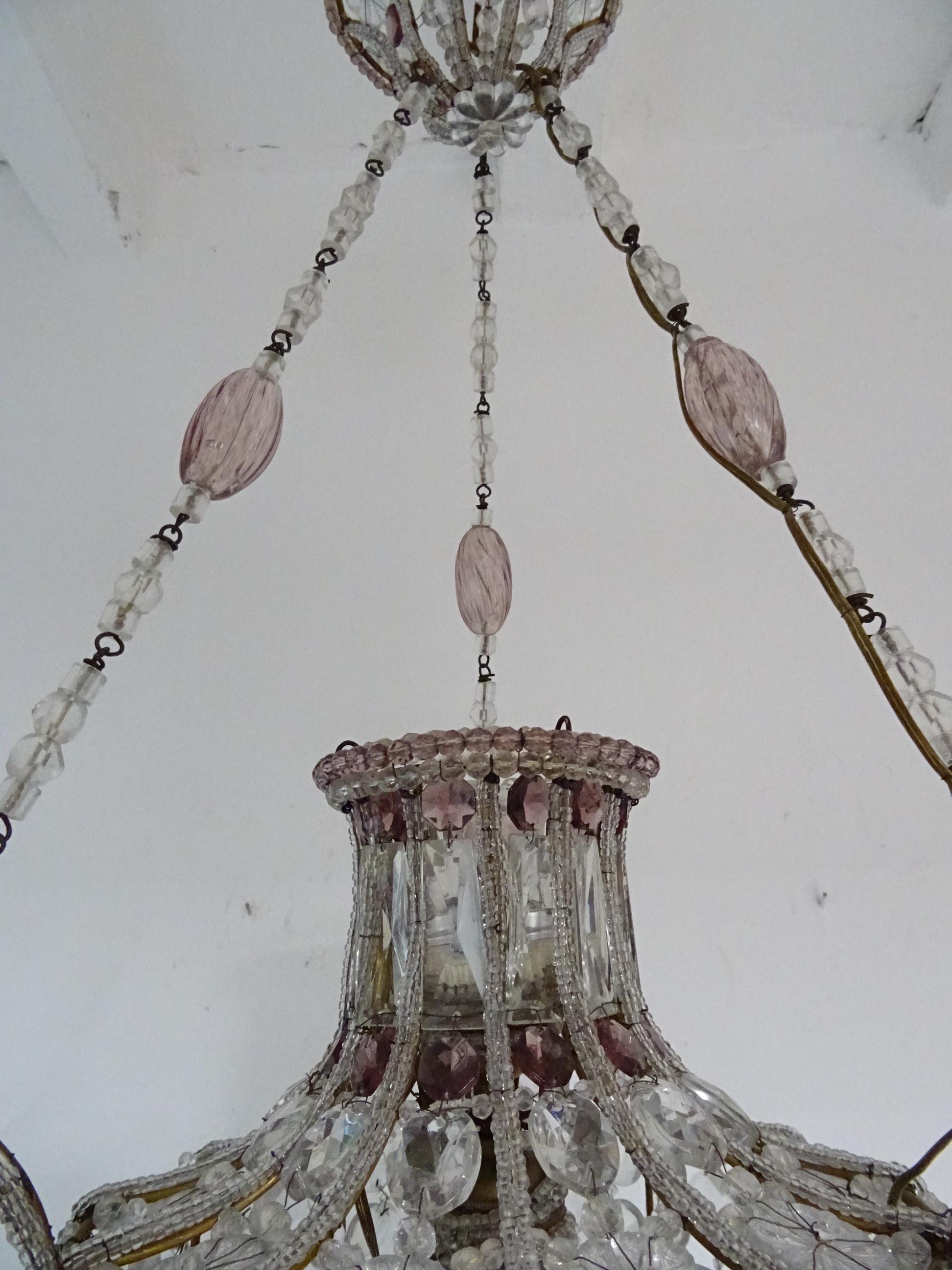 Mid-20th Century French Maison 1940s Baguès Amethyst and Clear Amazing Beaded Crystal Chandelier For Sale