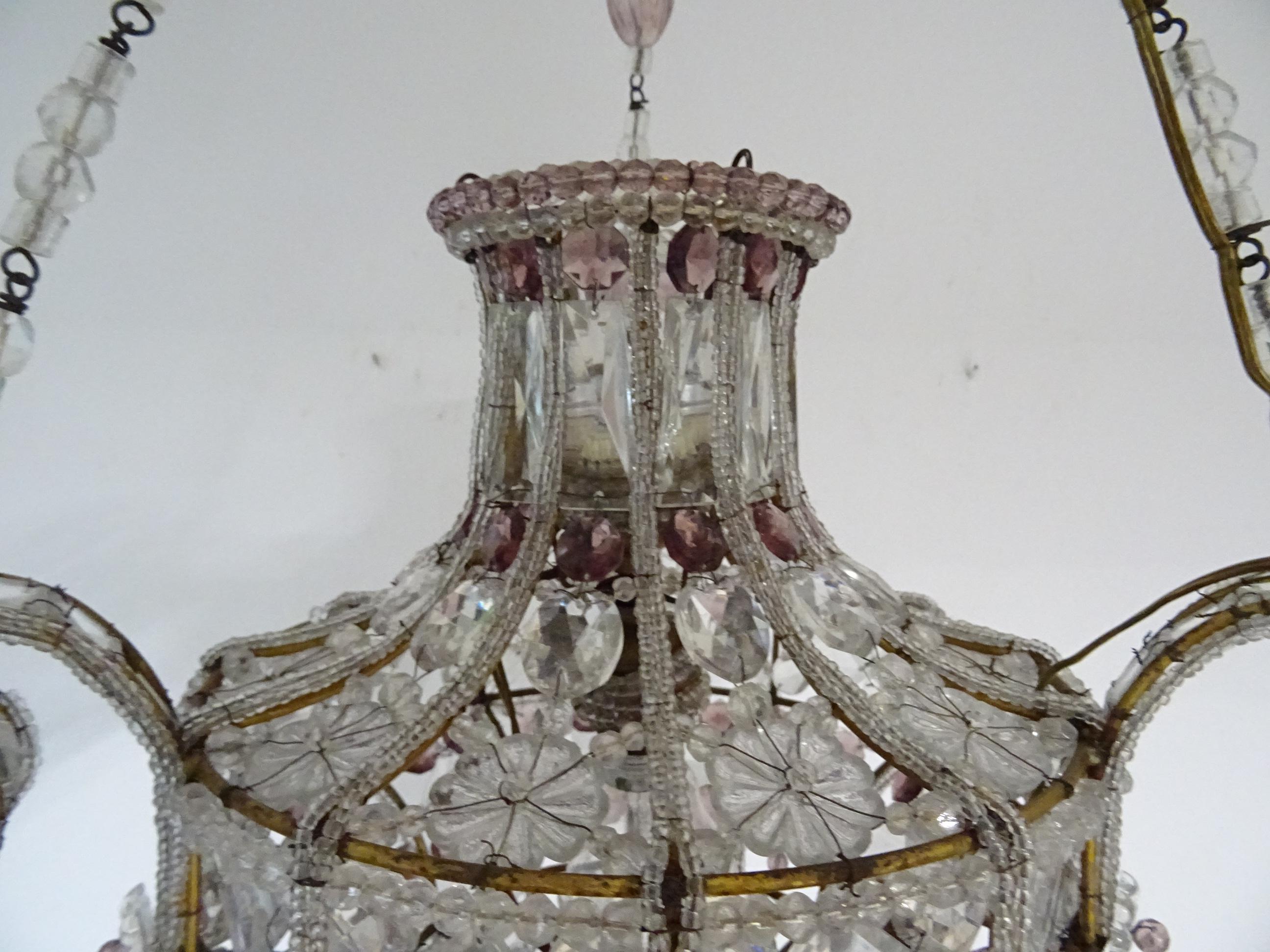 French Maison 1940s Baguès Amethyst and Clear Amazing Beaded Crystal Chandelier For Sale 1