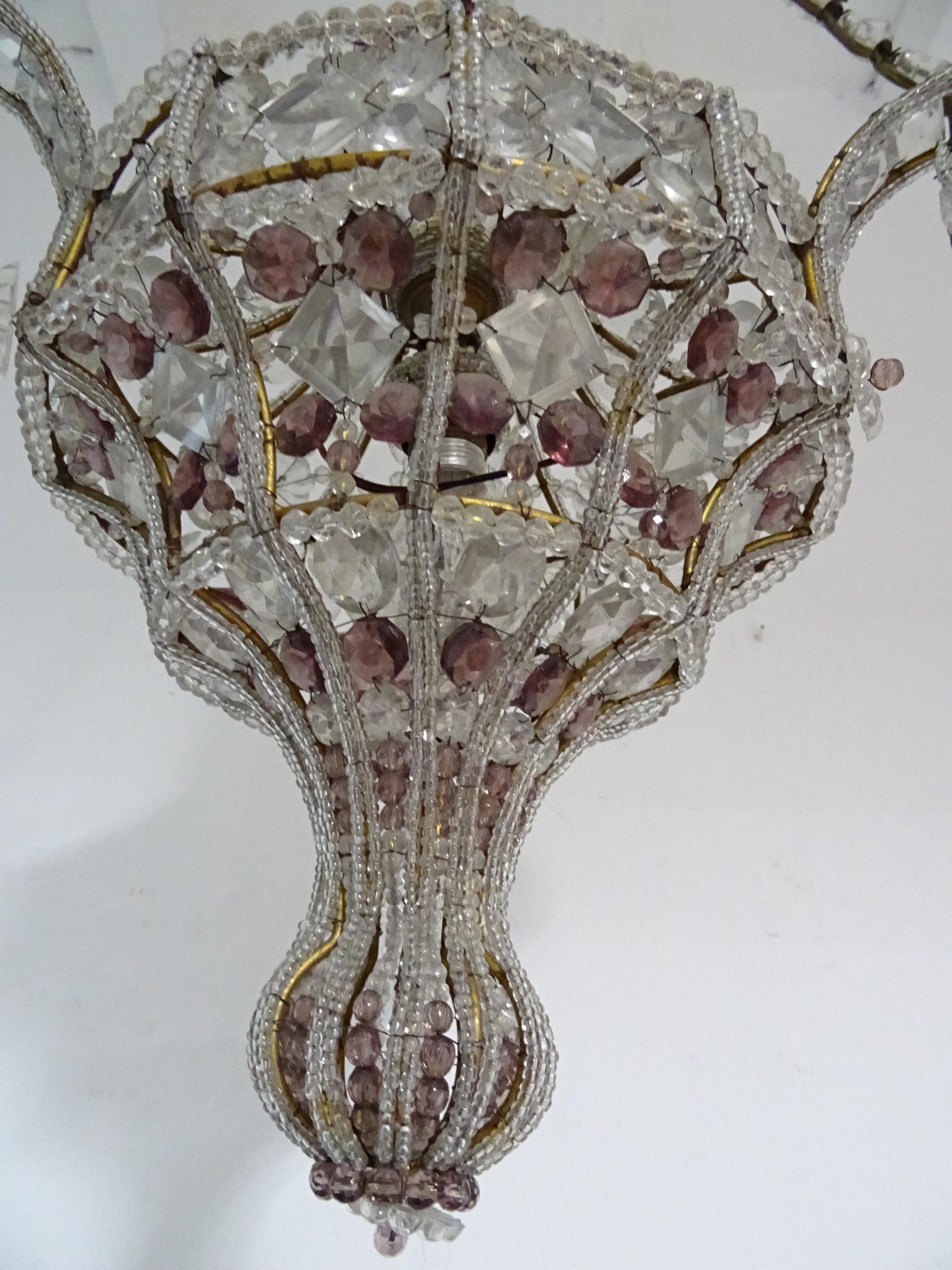 French Maison 1940s Baguès Amethyst and Clear Amazing Beaded Crystal Chandelier For Sale 2