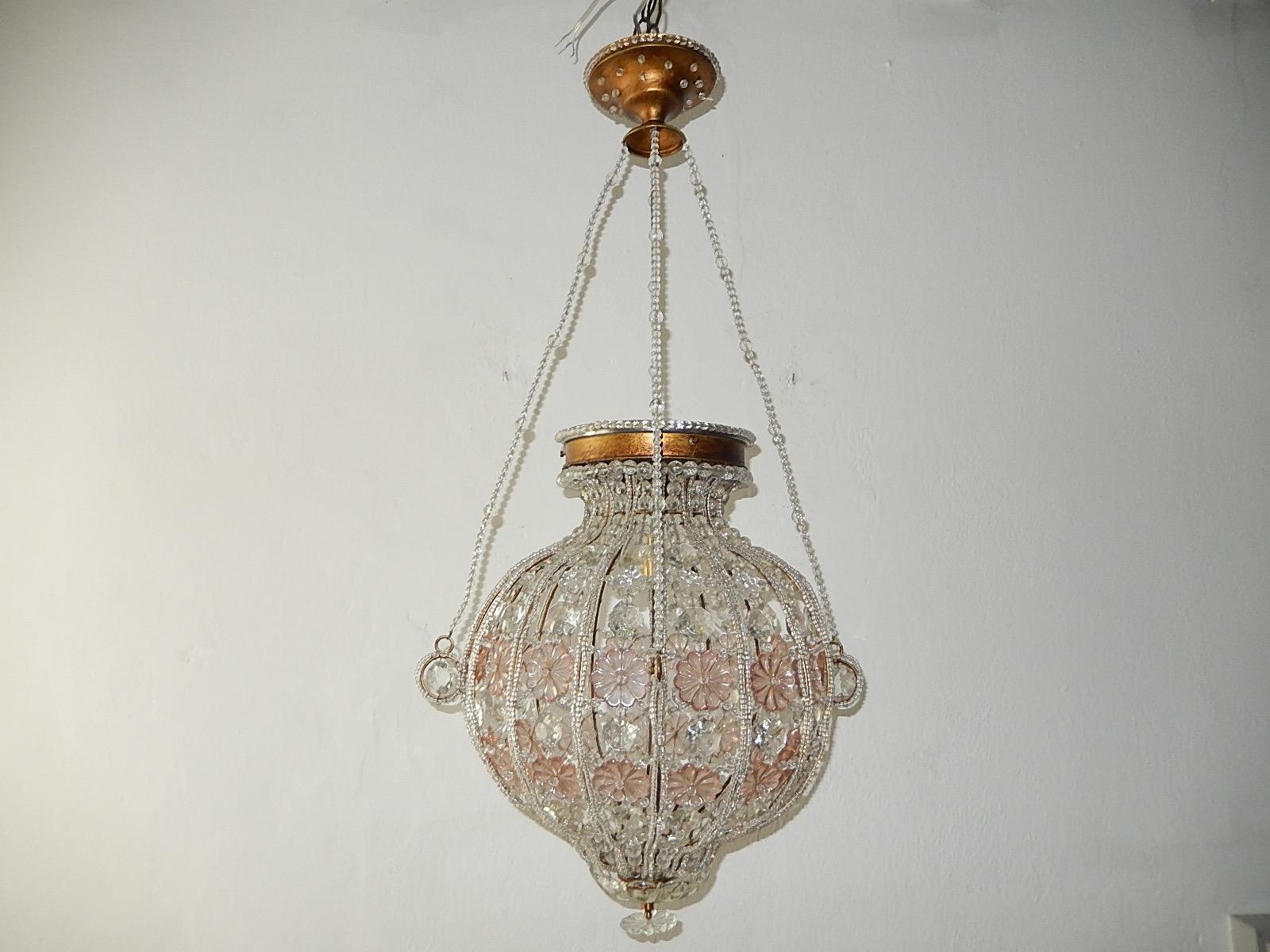Mid-20th Century French Maison 1940s Baguès Pink and Clear Huge Beaded Crystal Lantern Chandelier