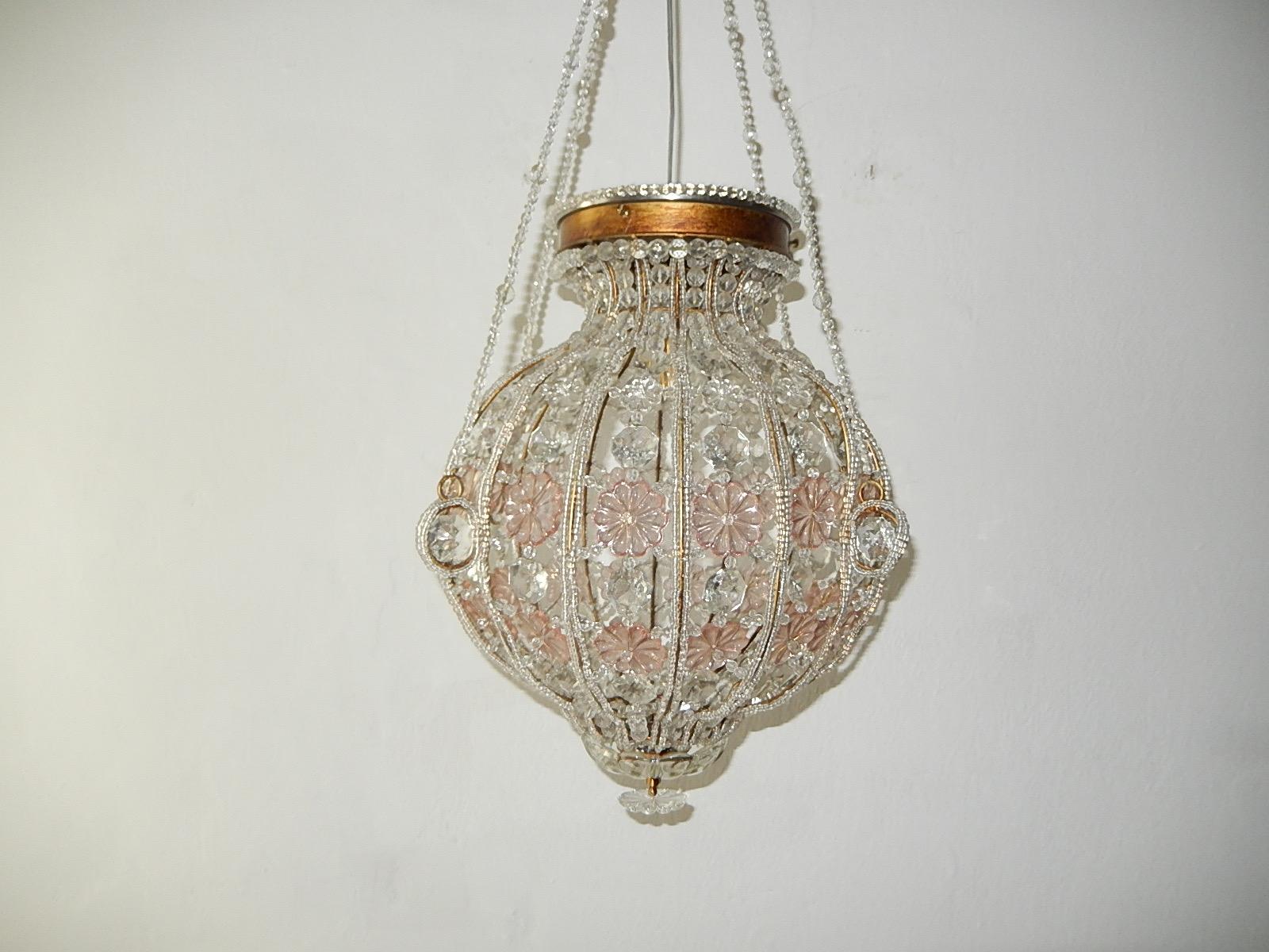 French Maison 1940s Baguès Pink and Clear Huge Beaded Crystal Lantern Chandelier 1