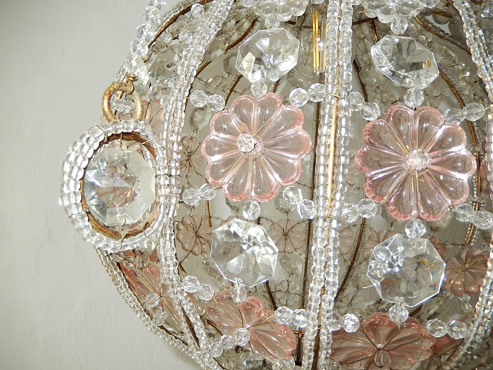 French Maison 1940s Baguès Pink and Clear Huge Beaded Crystal Lantern Chandelier 3