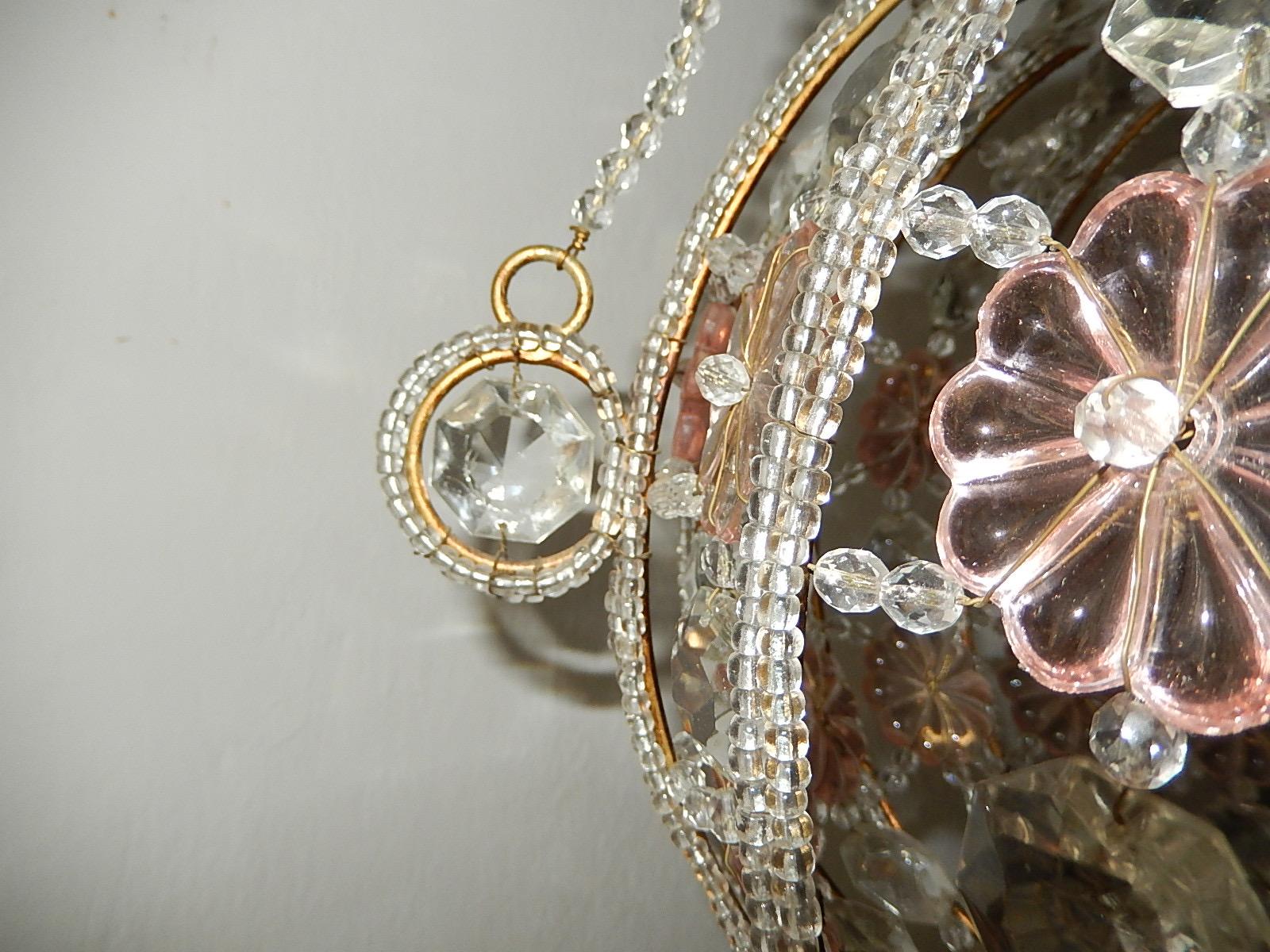 French Maison 1940s Baguès Pink and Clear Huge Beaded Crystal Lantern Chandelier 5