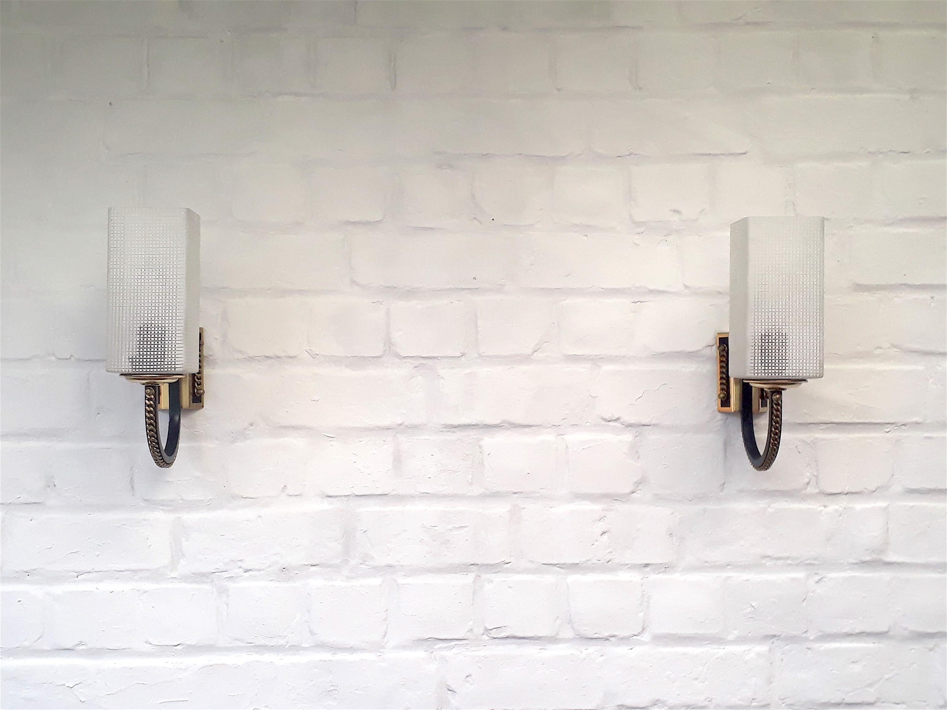 Mid-Century Modern French Maison Arlus Brass and Glass Bedside Sconces, 1950s For Sale