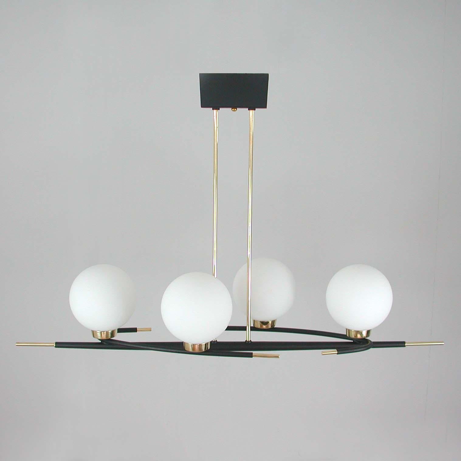 French Maison Arlus Brass and Opaline Glass Chandelier, 1960s For Sale 11