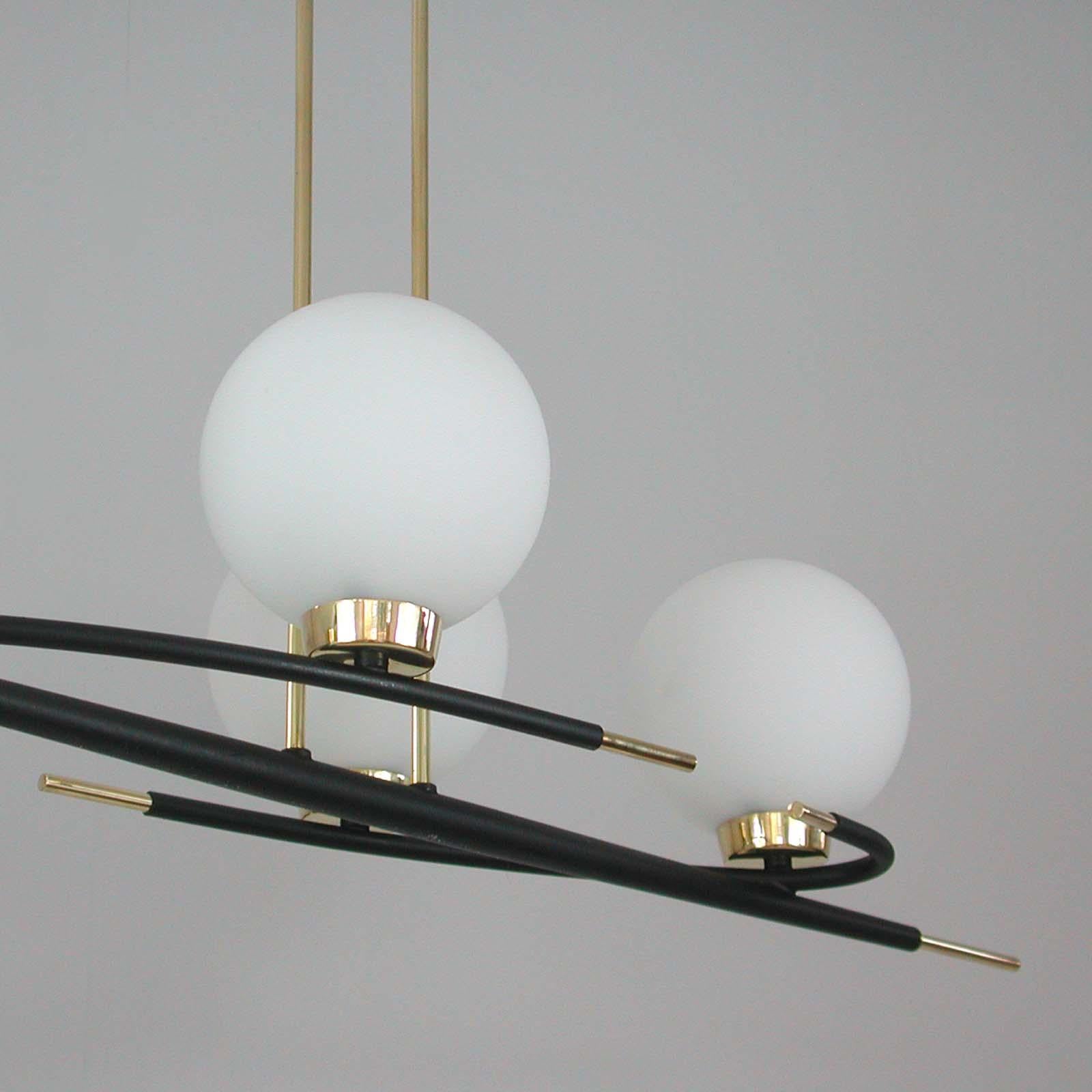 French Maison Arlus Brass and Opaline Glass Chandelier, 1960s For Sale 13