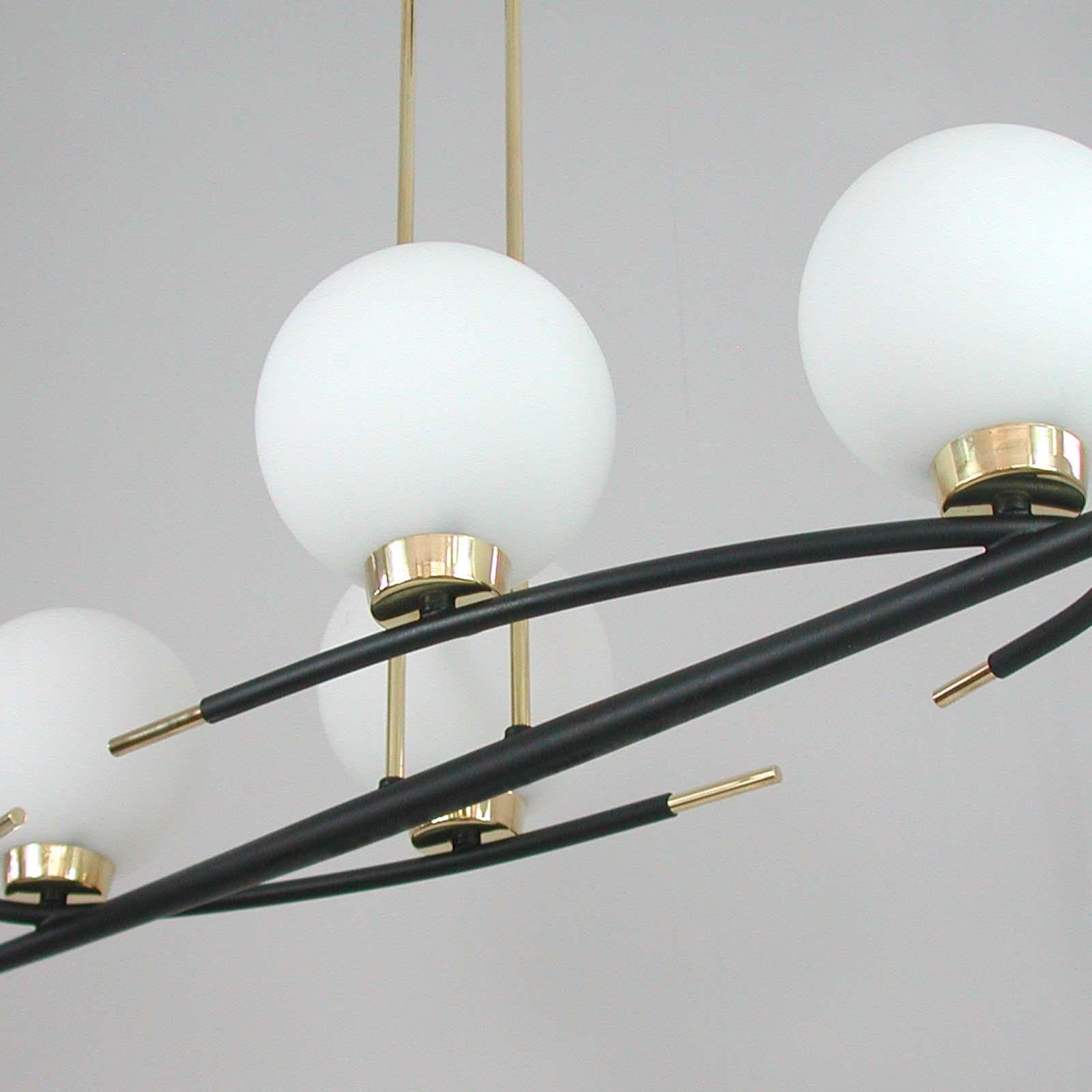 Lacquered French Maison Arlus Brass and Opaline Glass Chandelier, 1960s For Sale