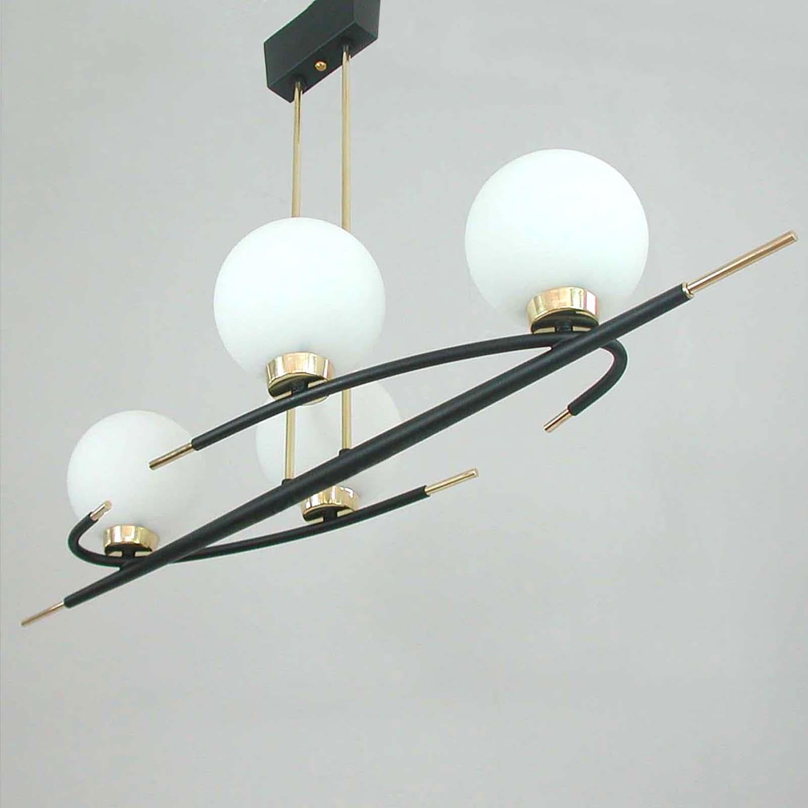 French Maison Arlus Brass and Opaline Glass Chandelier, 1960s For Sale 2