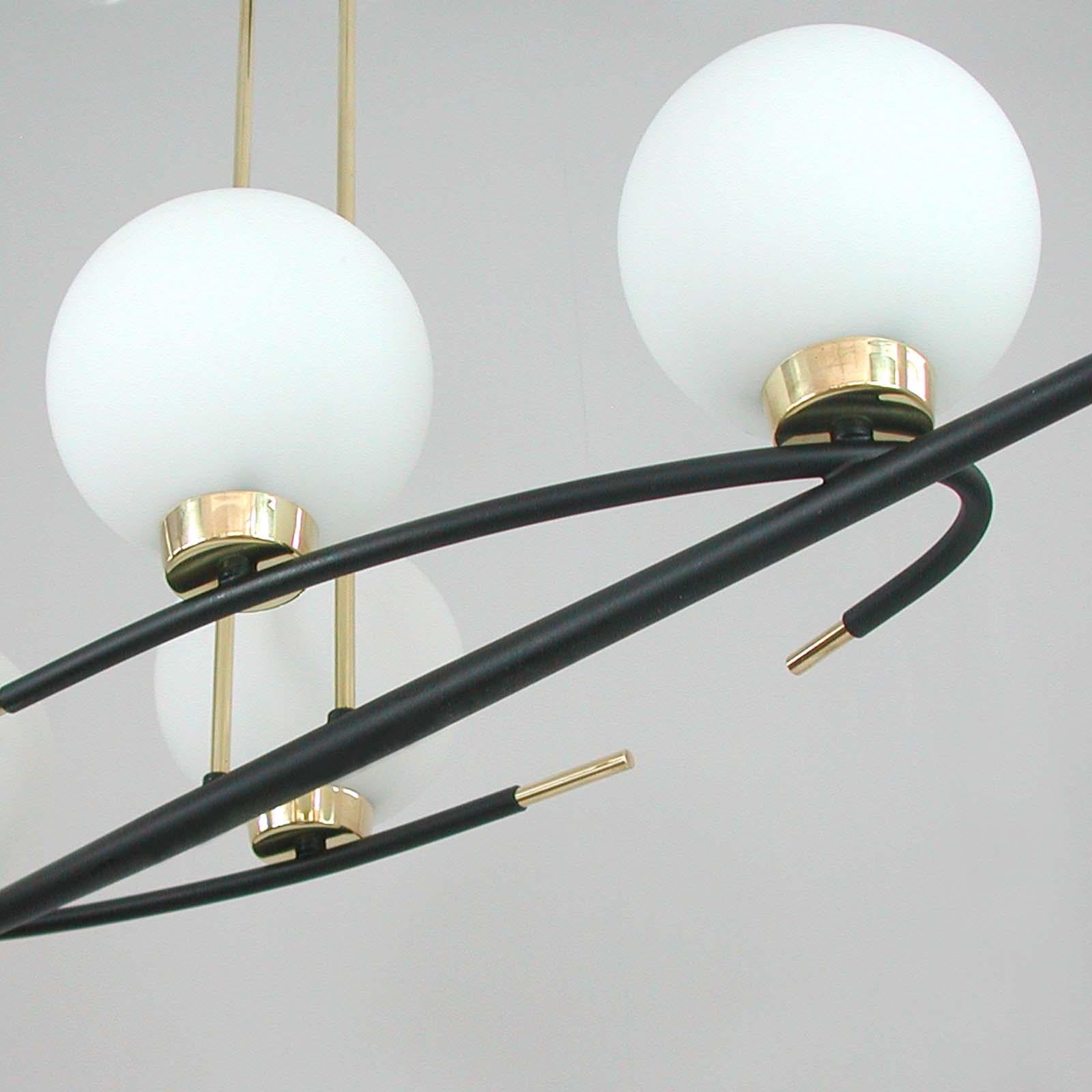 French Maison Arlus Brass and Opaline Glass Chandelier, 1960s For Sale 3