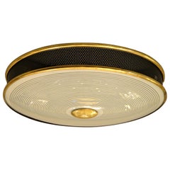French Maison Arlus Flush Mount Light Fixture Brass, Glass and Perforated Metal