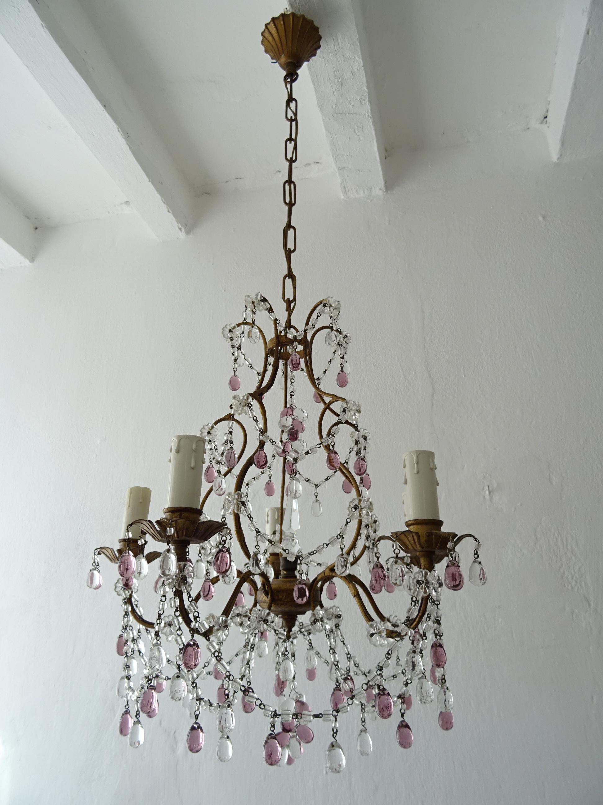 Francese Maison Baguès francese  Lampadario con gocce di Murano trasparenti e ametista, anni '20, firmato in vendita