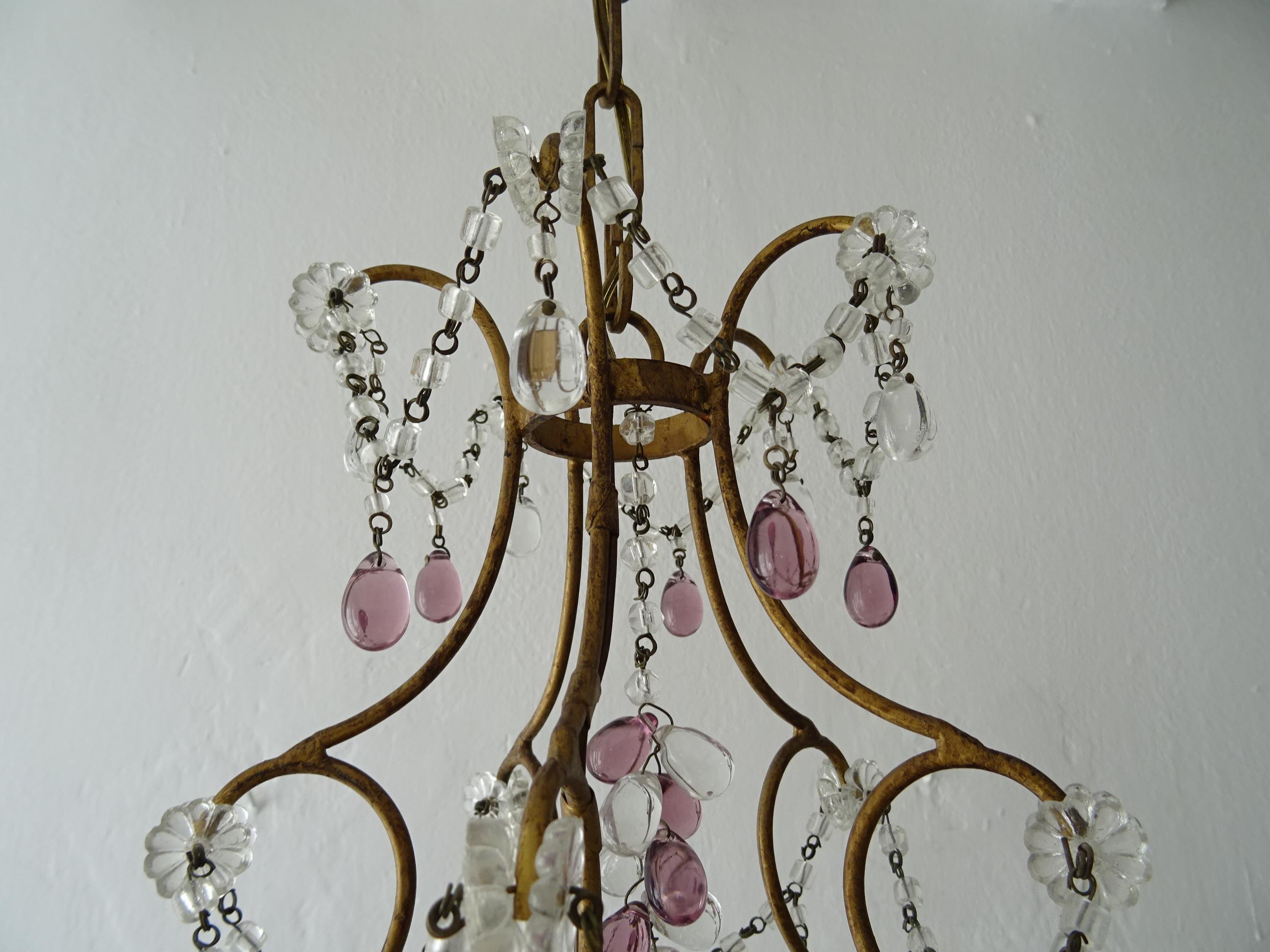Maison Baguès francese  Lampadario con gocce di Murano trasparenti e ametista, anni '20, firmato In condizioni buone in vendita a Firenze, Toscana