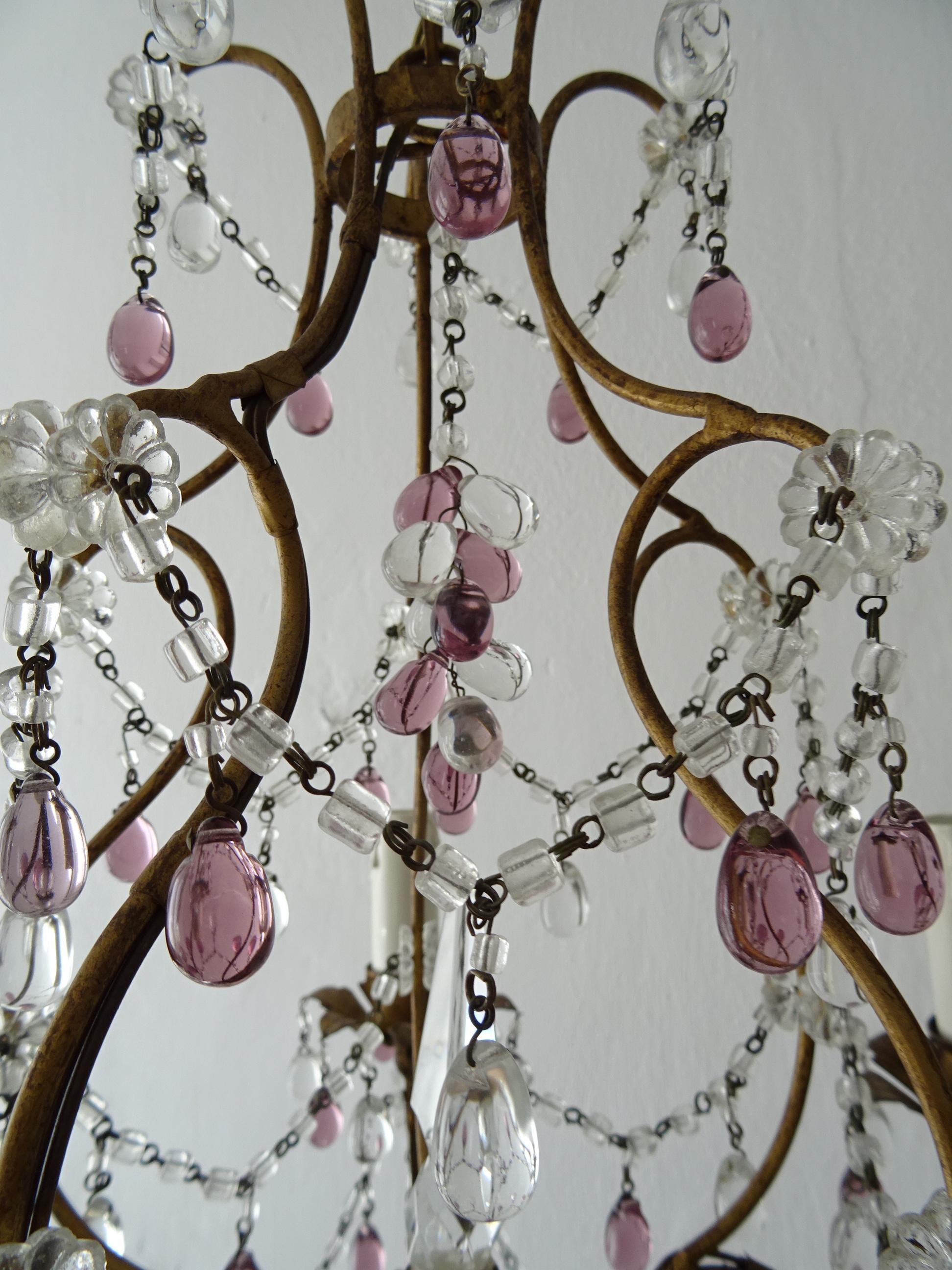 Crystal French Maison Baguès  Amethyst & Clear Murano Drops Chandelier, 1920s Signed For Sale