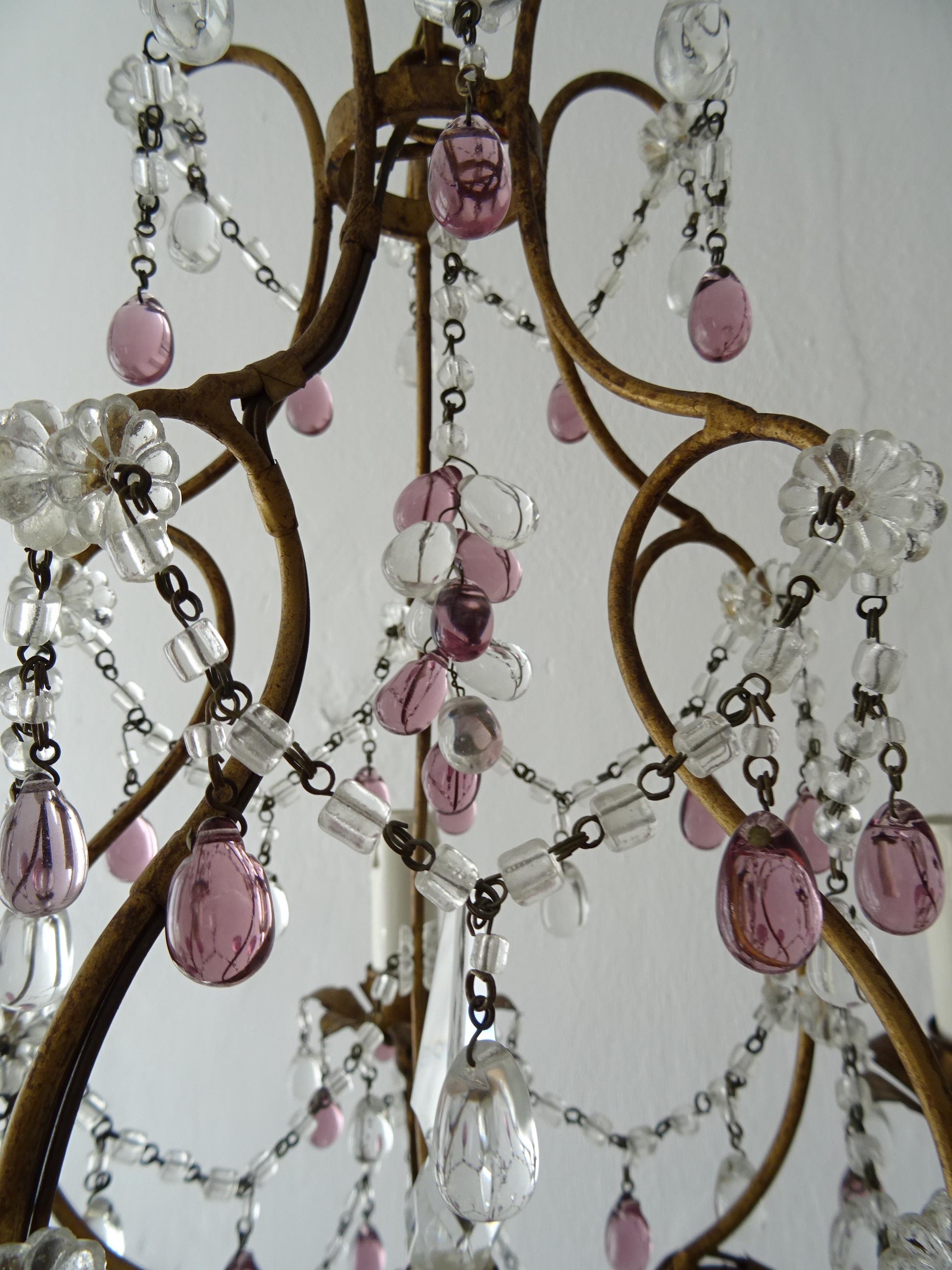 Inizio XX secolo Maison Baguès francese  Lampadario con gocce di Murano trasparenti e ametista, anni '20, firmato in vendita