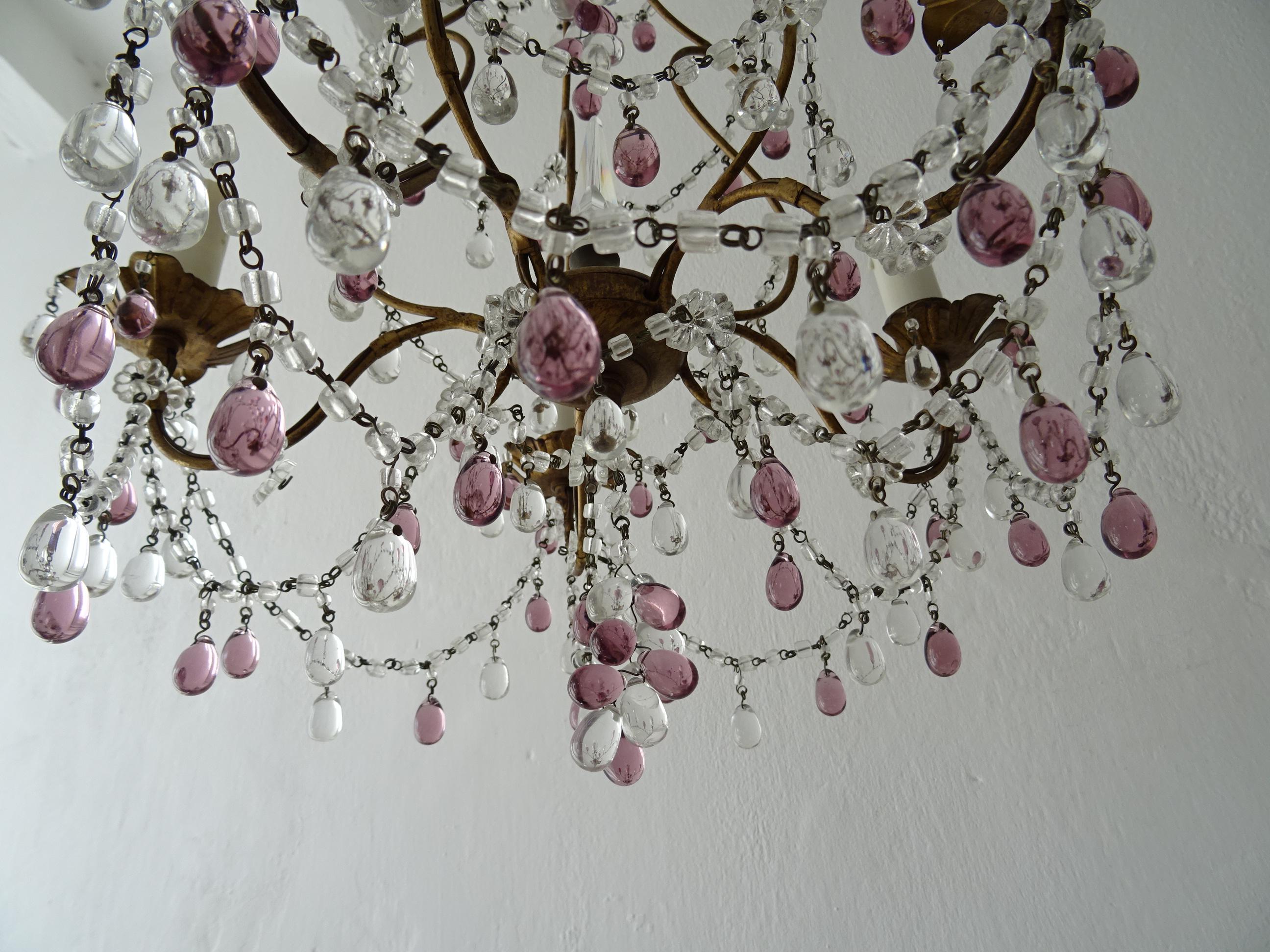 Cristallo Maison Baguès francese  Lampadario con gocce di Murano trasparenti e ametista, anni '20, firmato in vendita