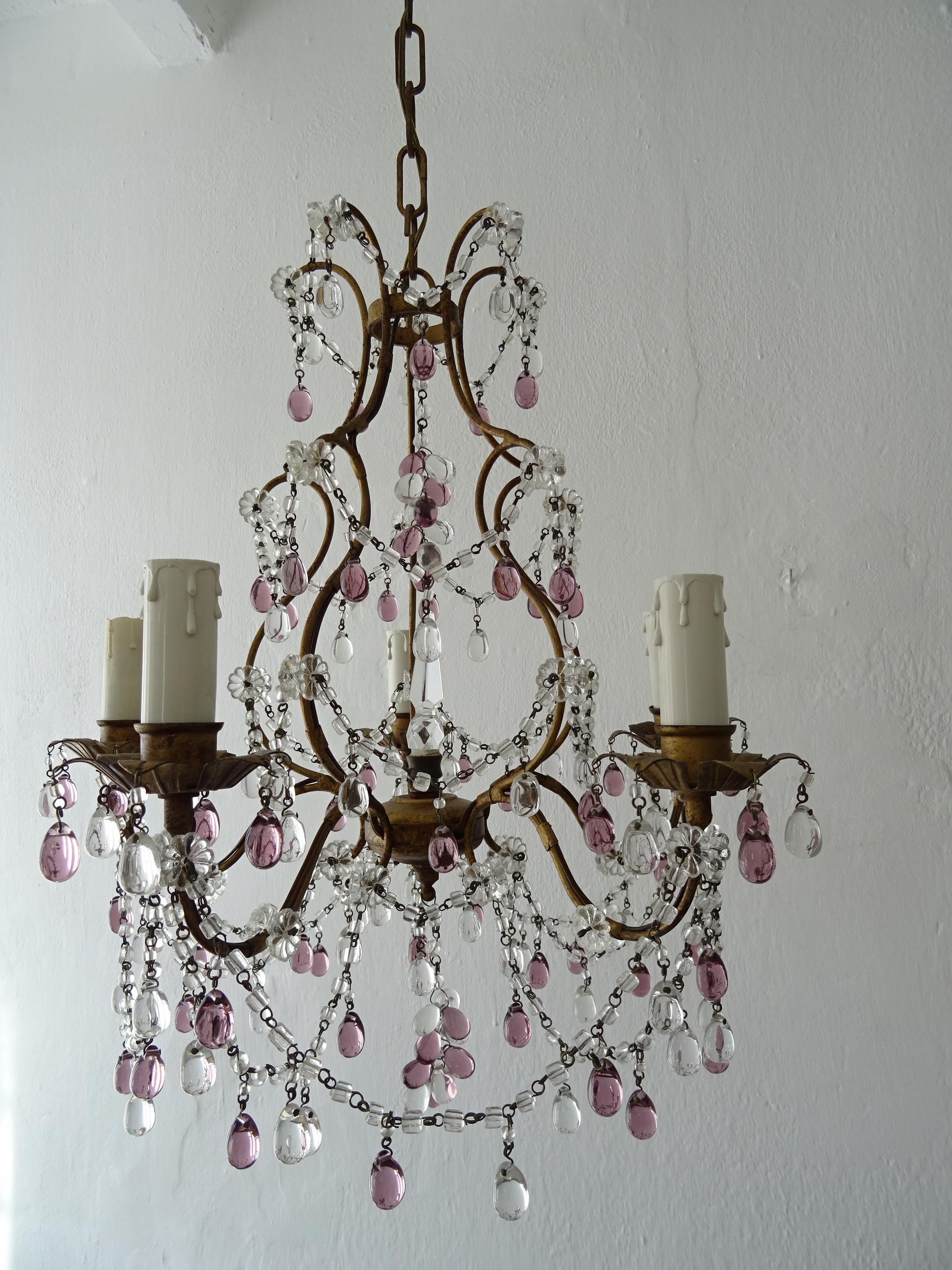 French Maison Baguès  Amethyst & Clear Murano Drops Chandelier, 1920s Signed For Sale 4