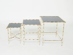 French Maison Baguès Bamboo Brass Black Top Nesting Tables 1960s