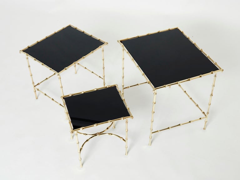 Late 20th Century French Maison Baguès Bamboo Brass Black Top Nesting Tables 1960s For Sale