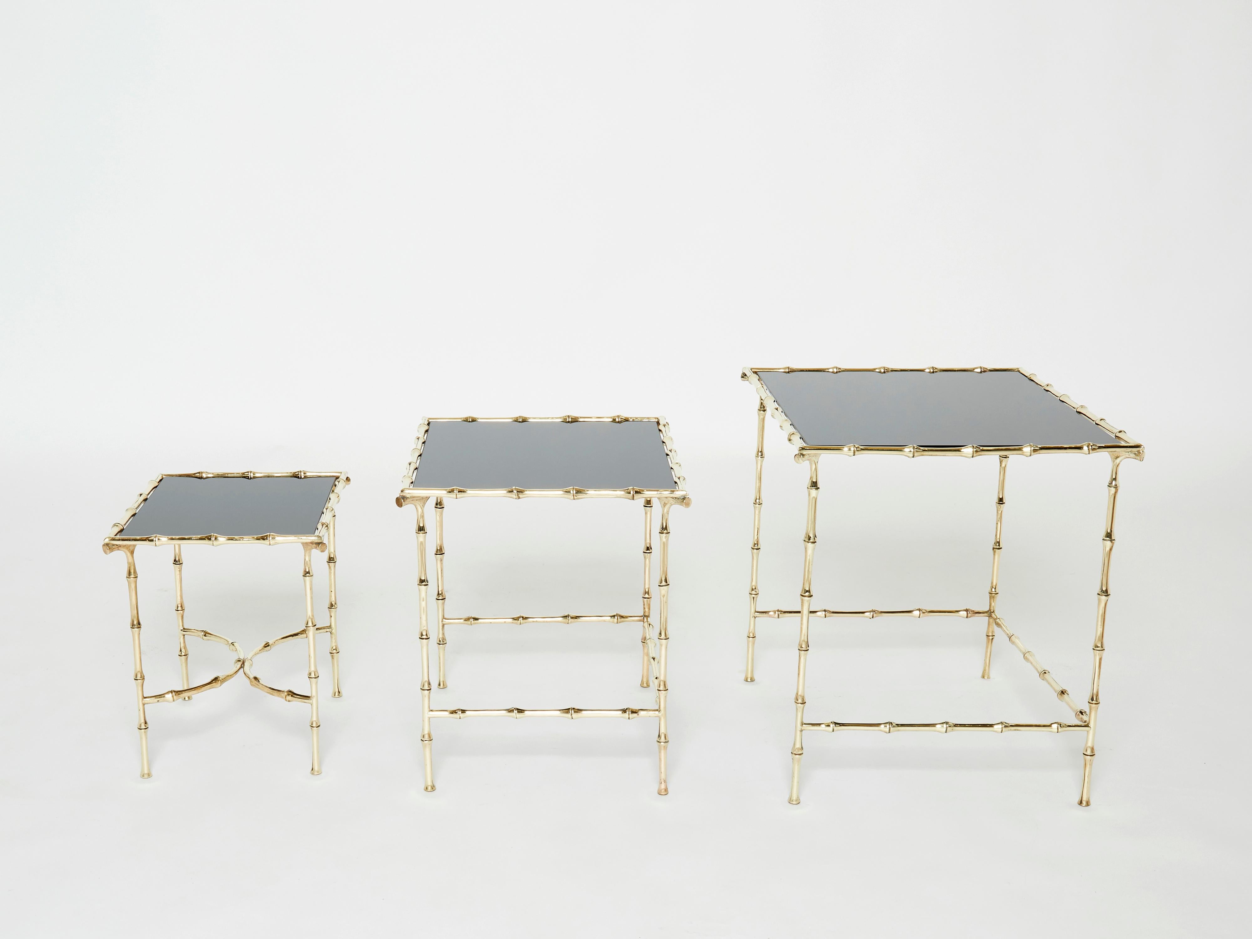 French Maison Baguès Bamboo Brass Black Top Nesting Tables 1960s For Sale 2