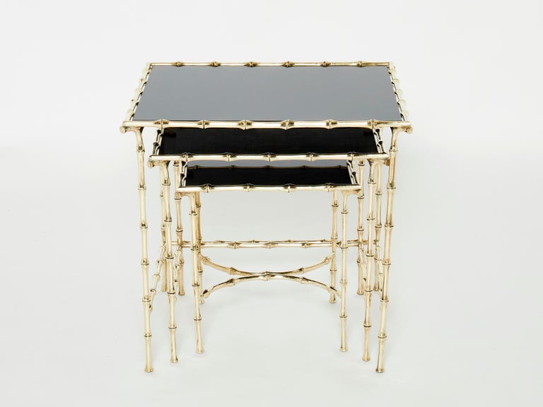 French Maison Baguès Bamboo Brass Black Top Nesting Tables 1960s For Sale 3